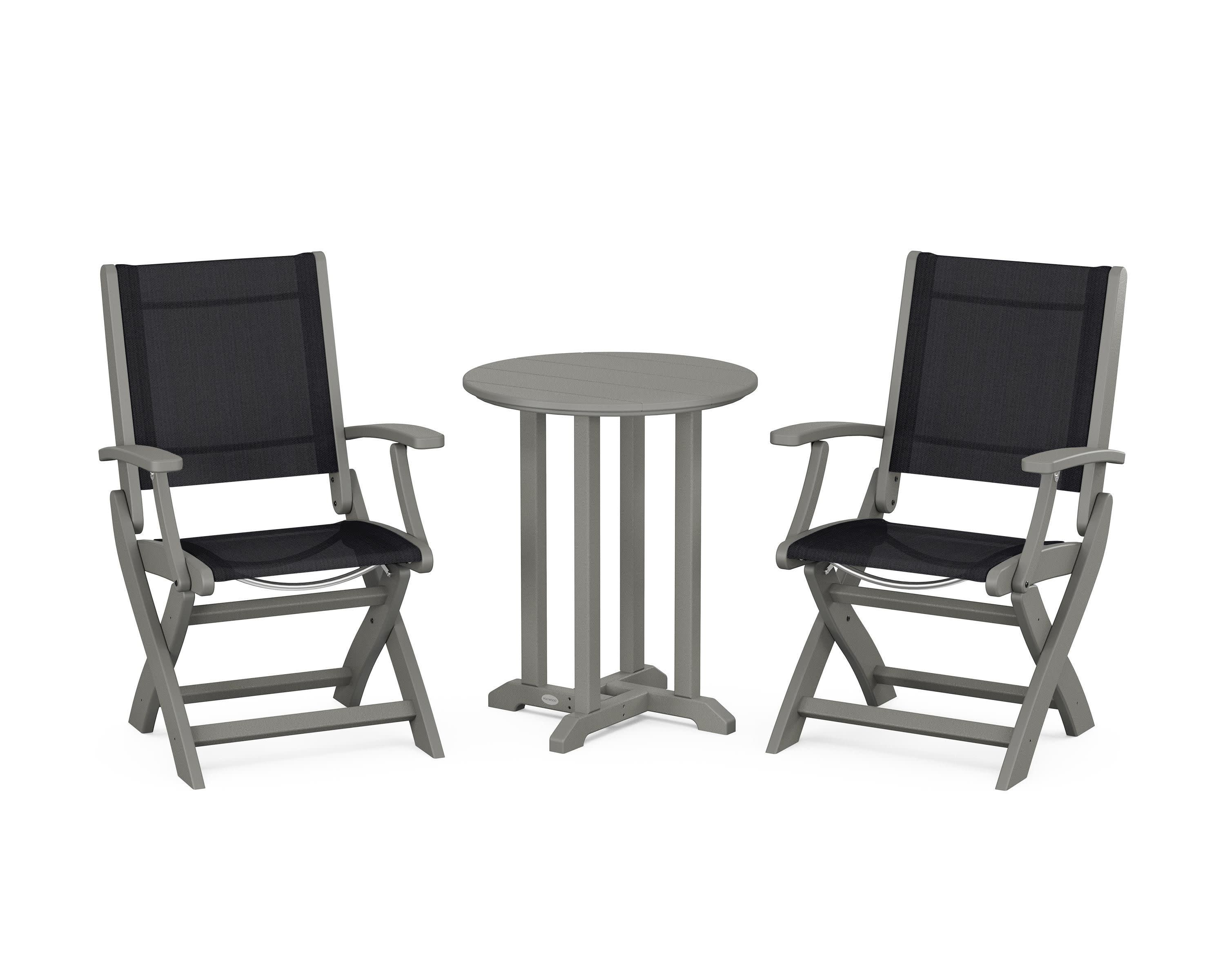 Coastal Folding 3-Piece Round Bistro Dining Set in Slate Grey / Black Sling
