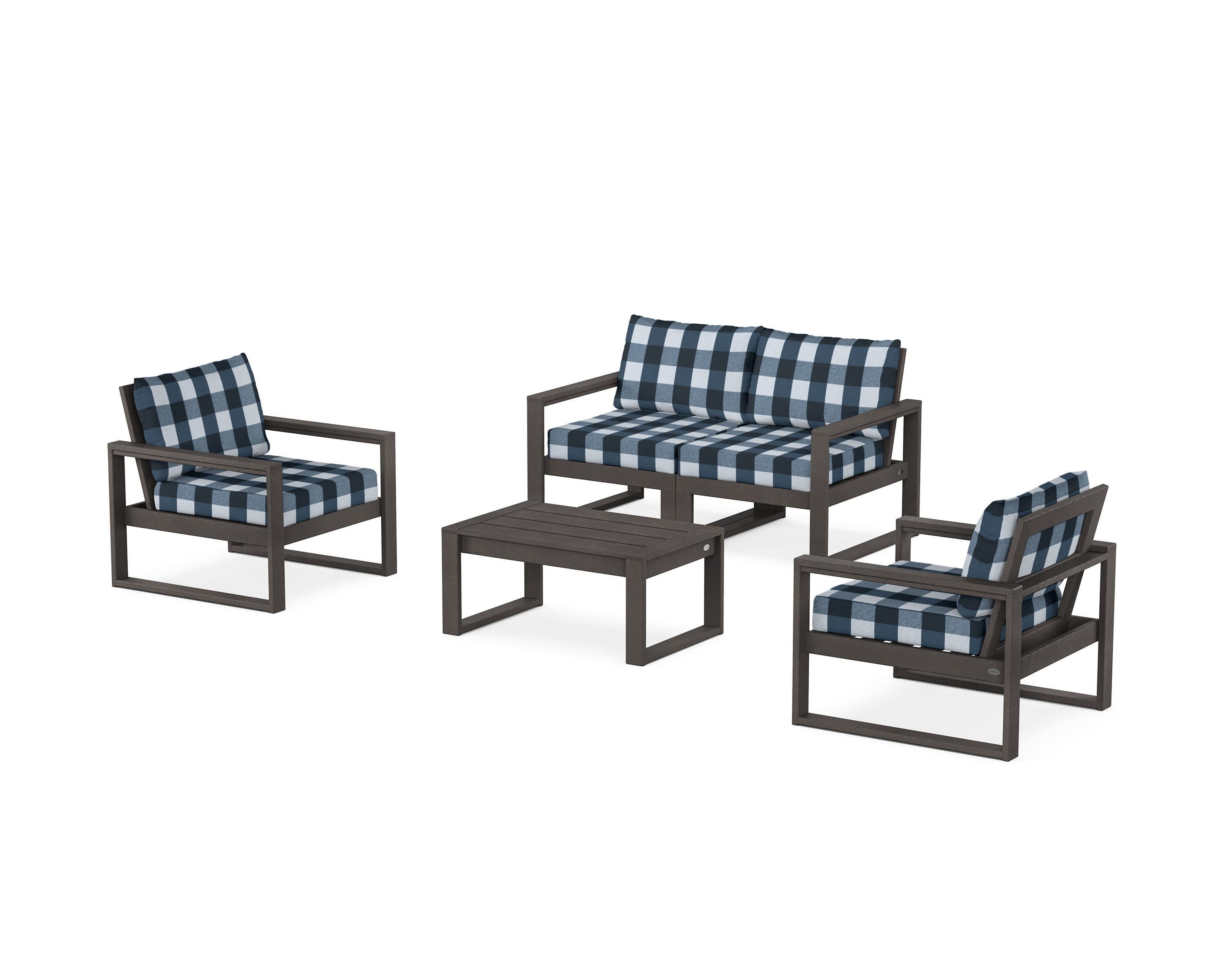 EDGE Sectional 4-Piece Deep Seating Set with Loveseat in Vintage Coffee / Buffalo Plaid Marine Indigo