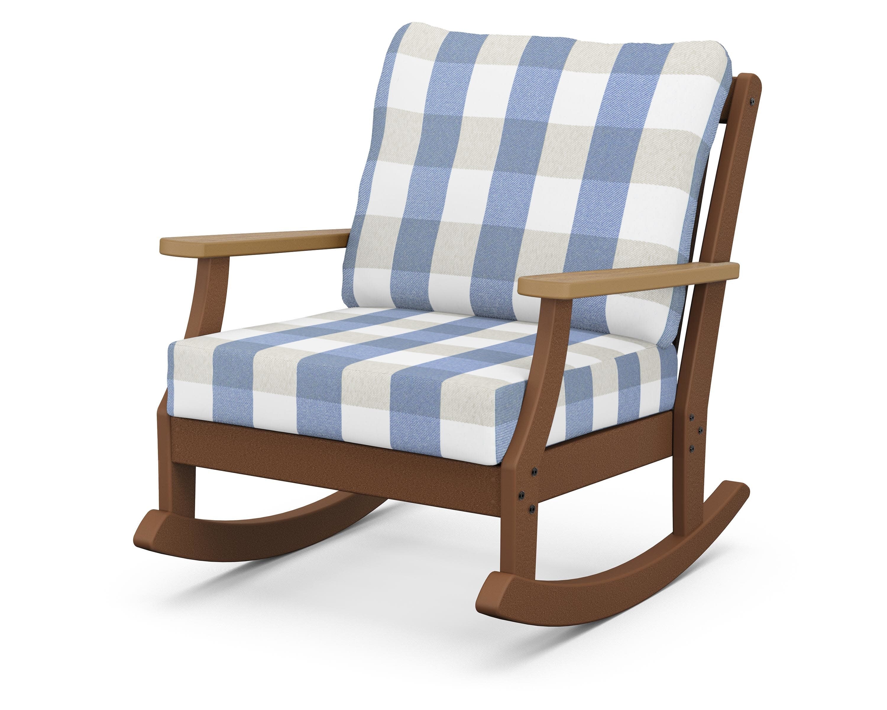 Braxton Deep Seating Rocking Chair in Teak / Natural / Buffalo Plaid Sky Blue