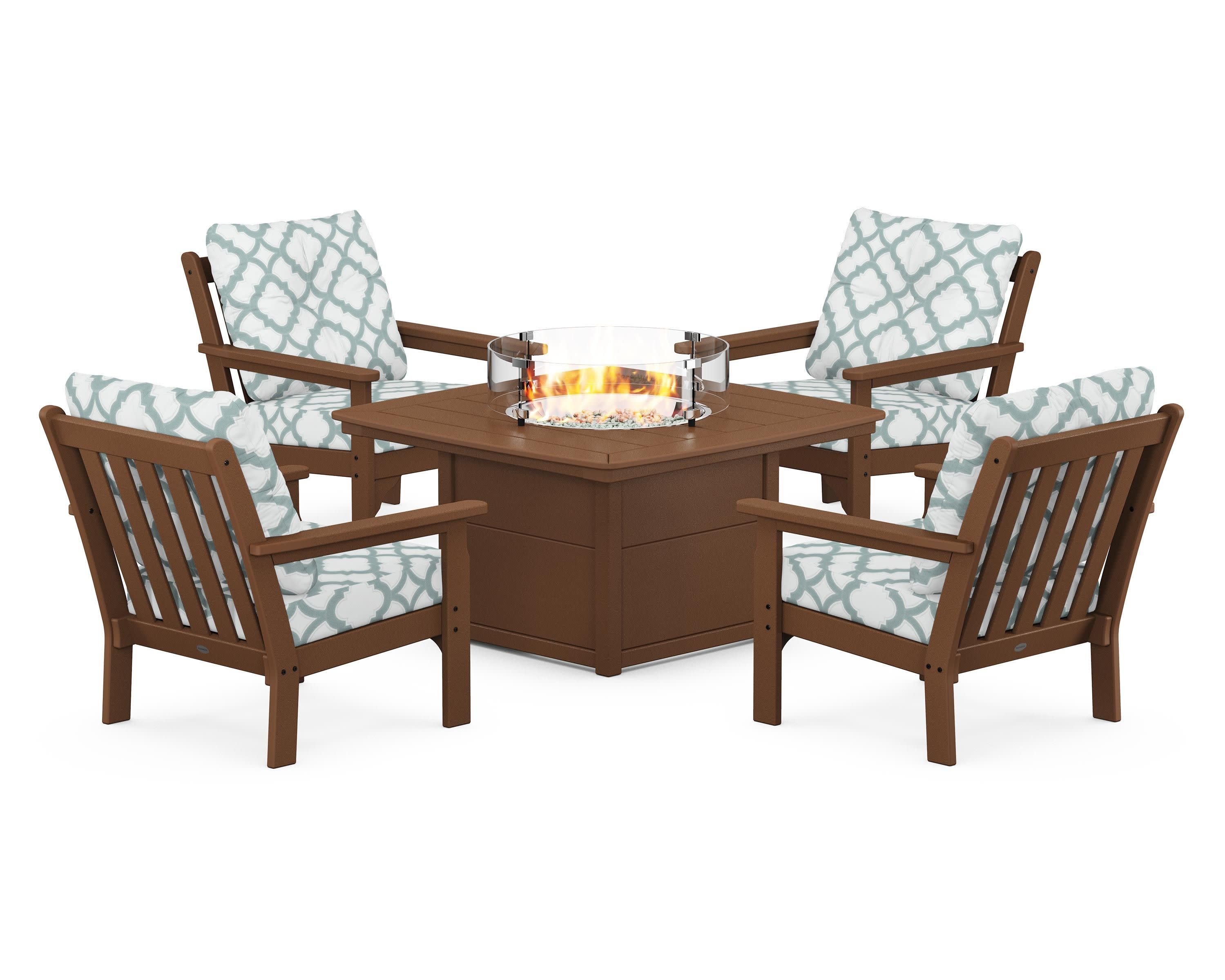 Vineyard 5-Piece Conversation Set with Fire Pit Table in Teak / Trellis Glacier Spa