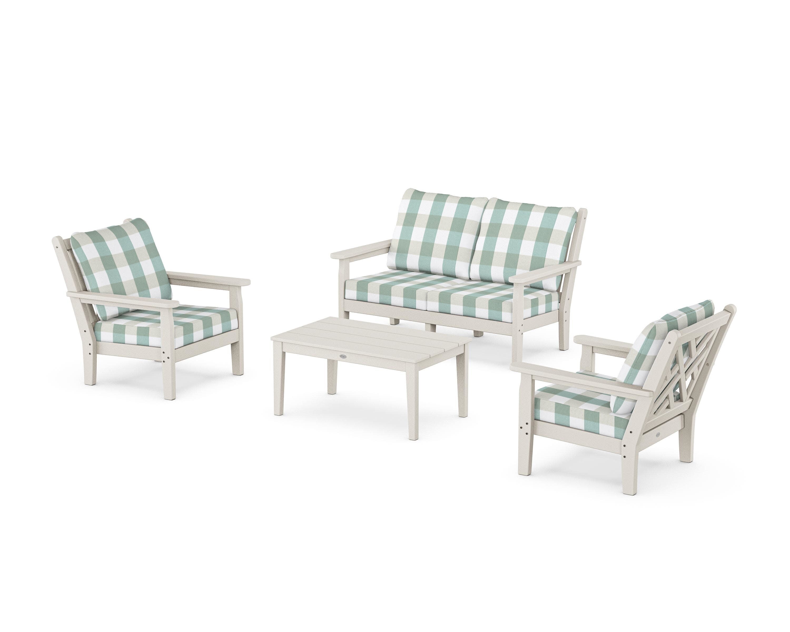 Chippendale 4-Piece Deep Seating Set with Loveseat in Sand / Buffalo Plaid Glacier Spa