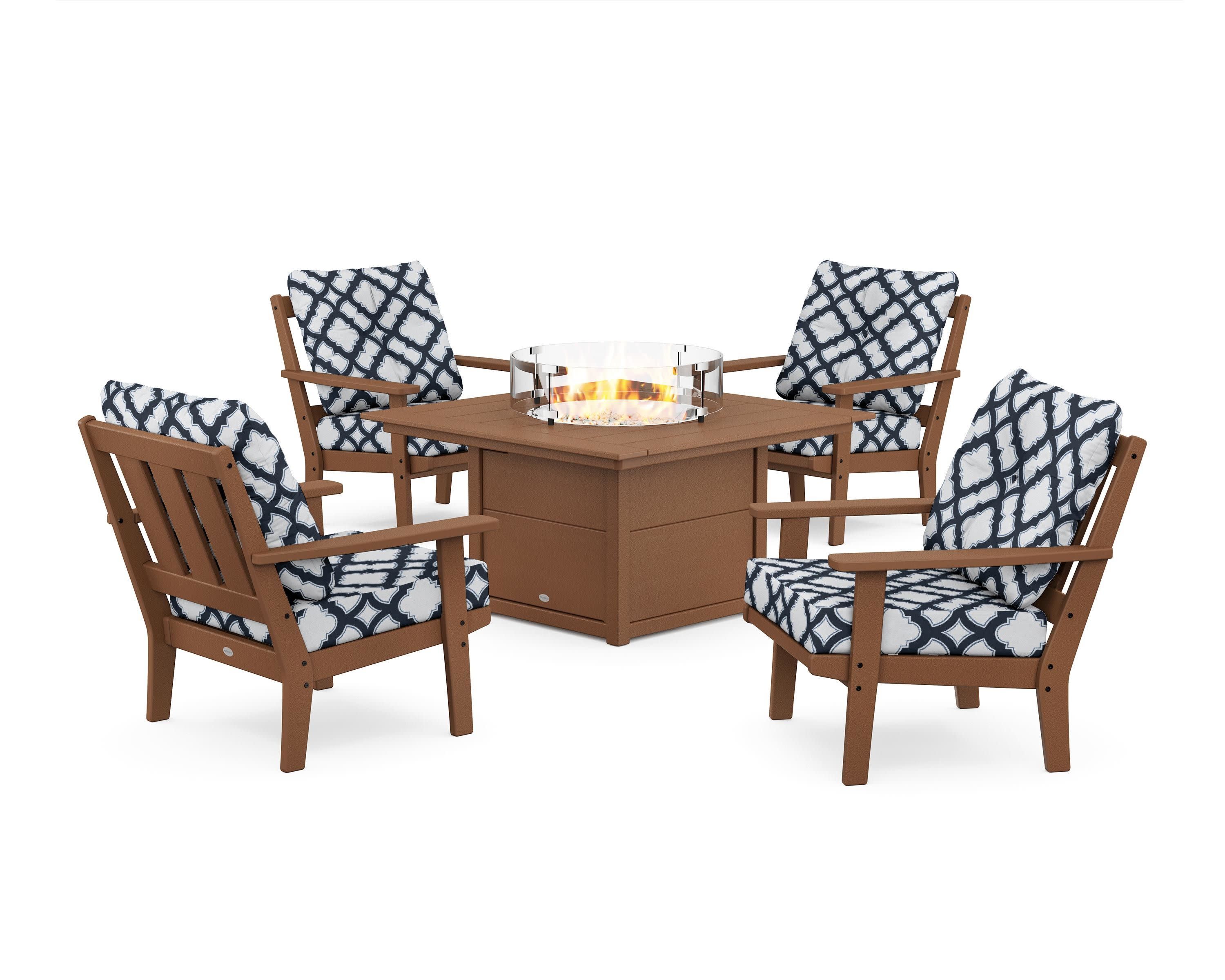 Oxford 5-Piece Deep Seating Set with Fire Pit Table in Teak / Trellis Marine Indigo