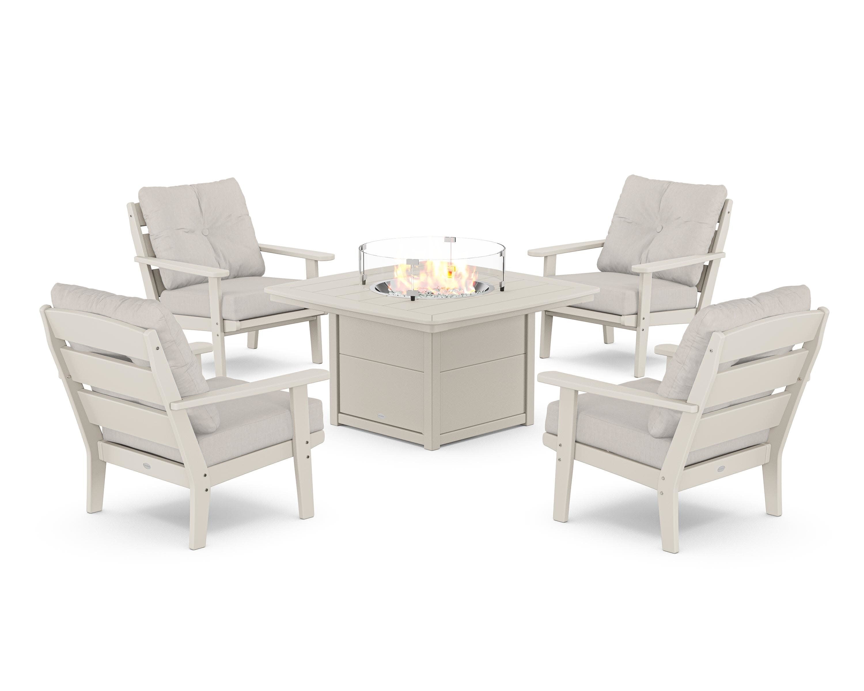 Lakeside 5-Piece Deep Seating Set with Nautical Fire Pit Table in Sand / Cast Ash