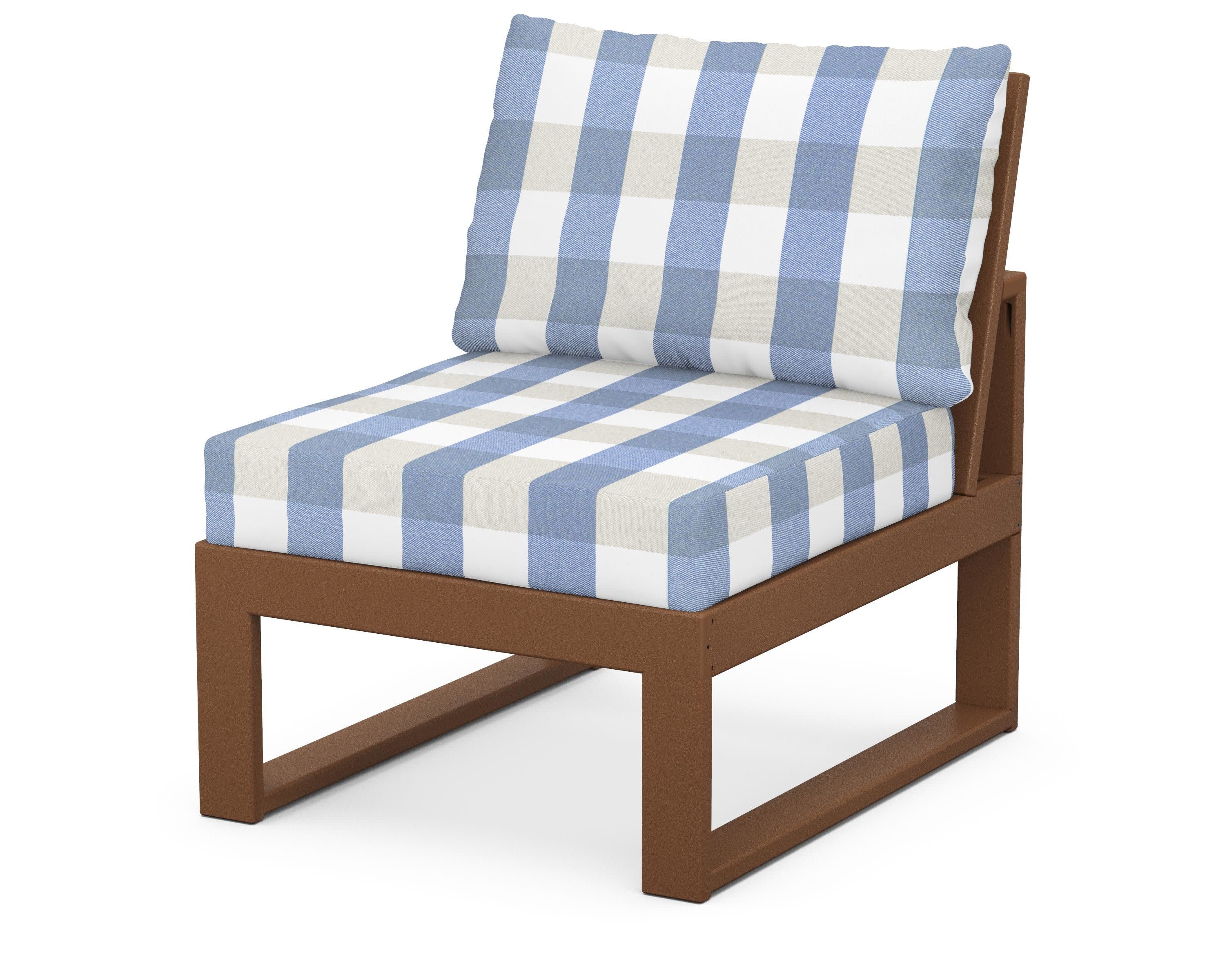 Modular Armless Chair in Teak / Buffalo Plaid Sky Blue
