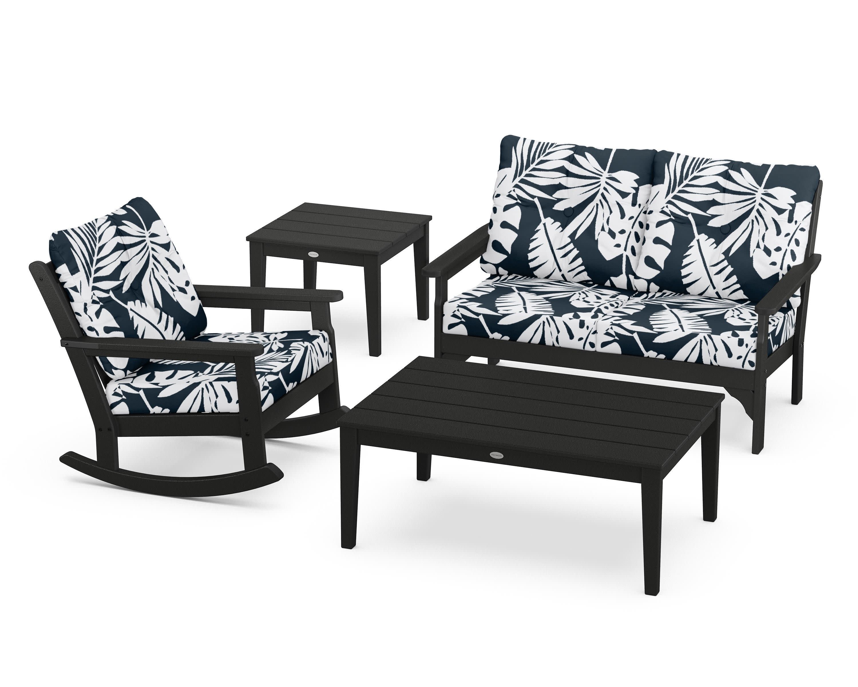 Vineyard 4-Piece Deep Seating Rocker Set in Black / Leaf Marine Indigo