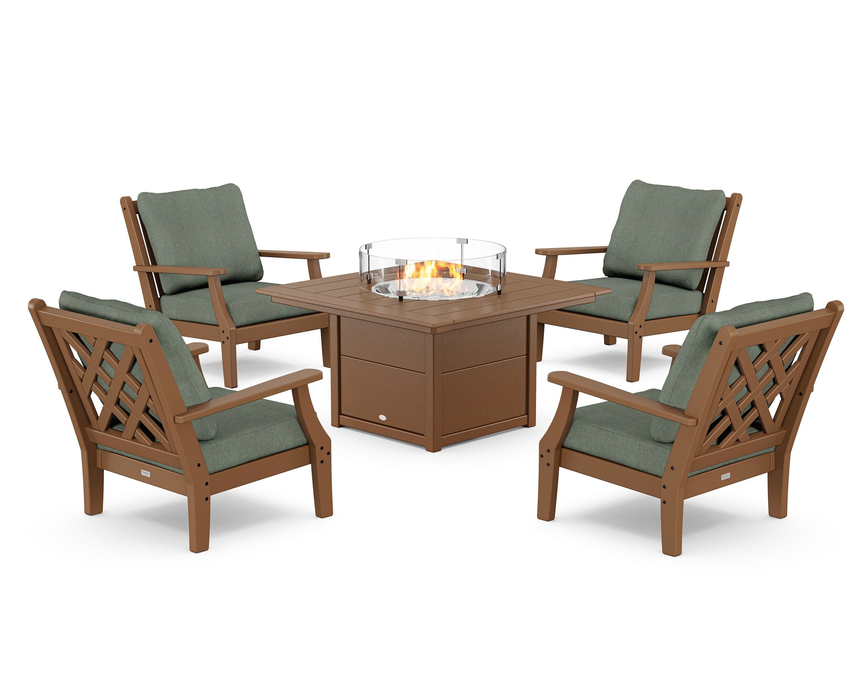 Wovendale 5-Piece Deep Seating Set with Fire Pit Table in Teak / Cast Sage