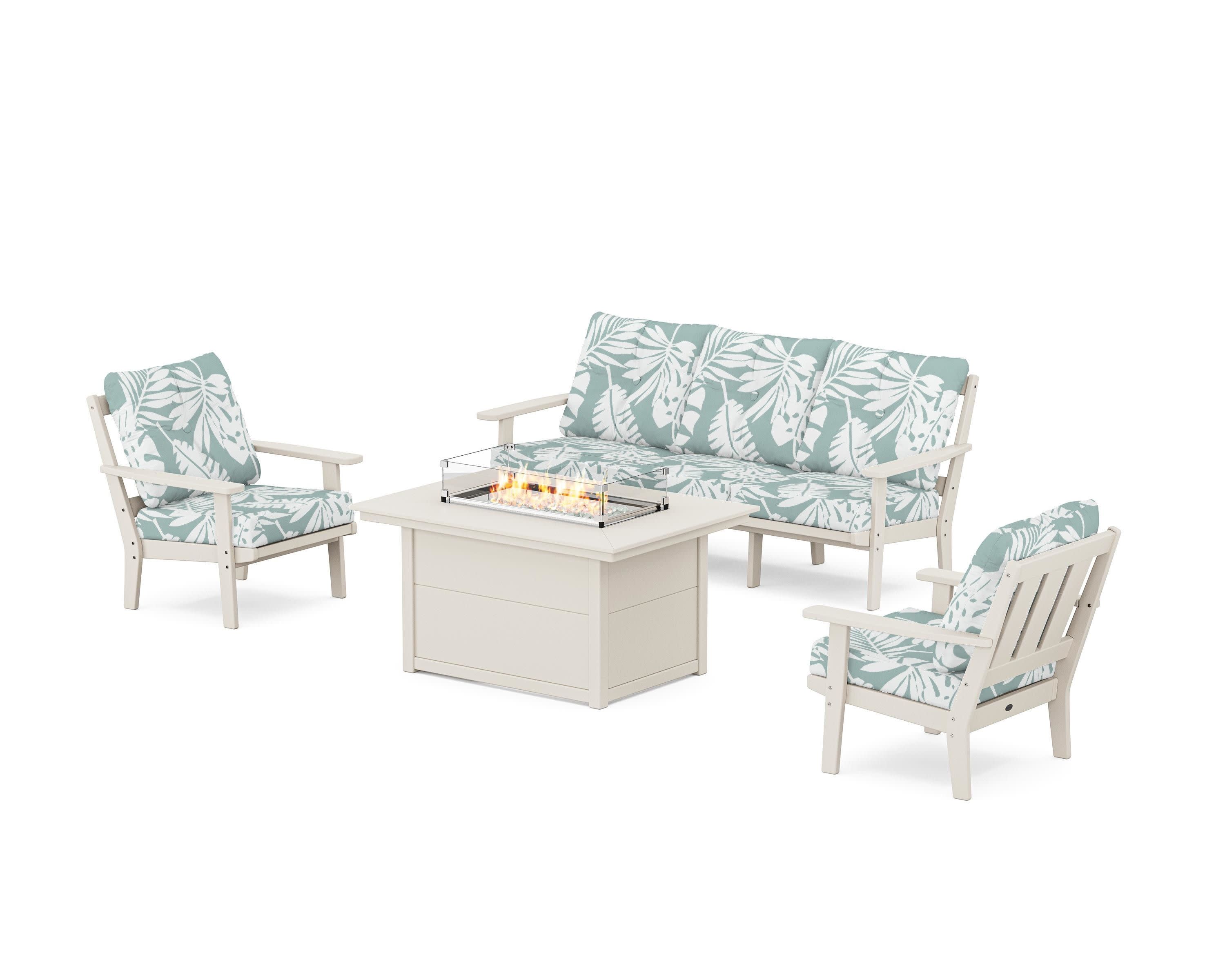 Oxford Deep Seating Fire Pit Table Set in Sand / Leaf Glacier Spa