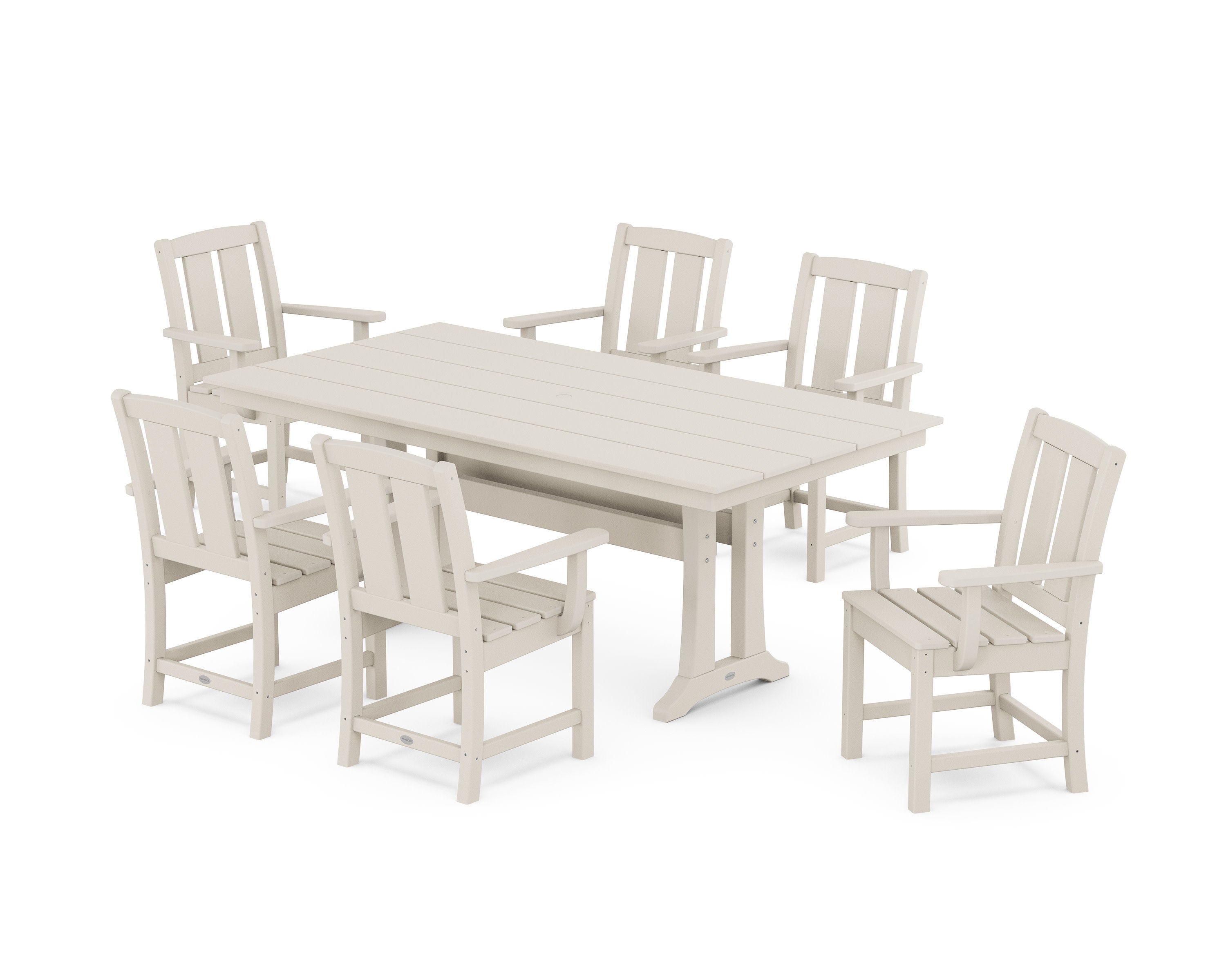 Mission Arm Chair 7-Piece Farmhouse Dining Set with Trestle Legs in Sand