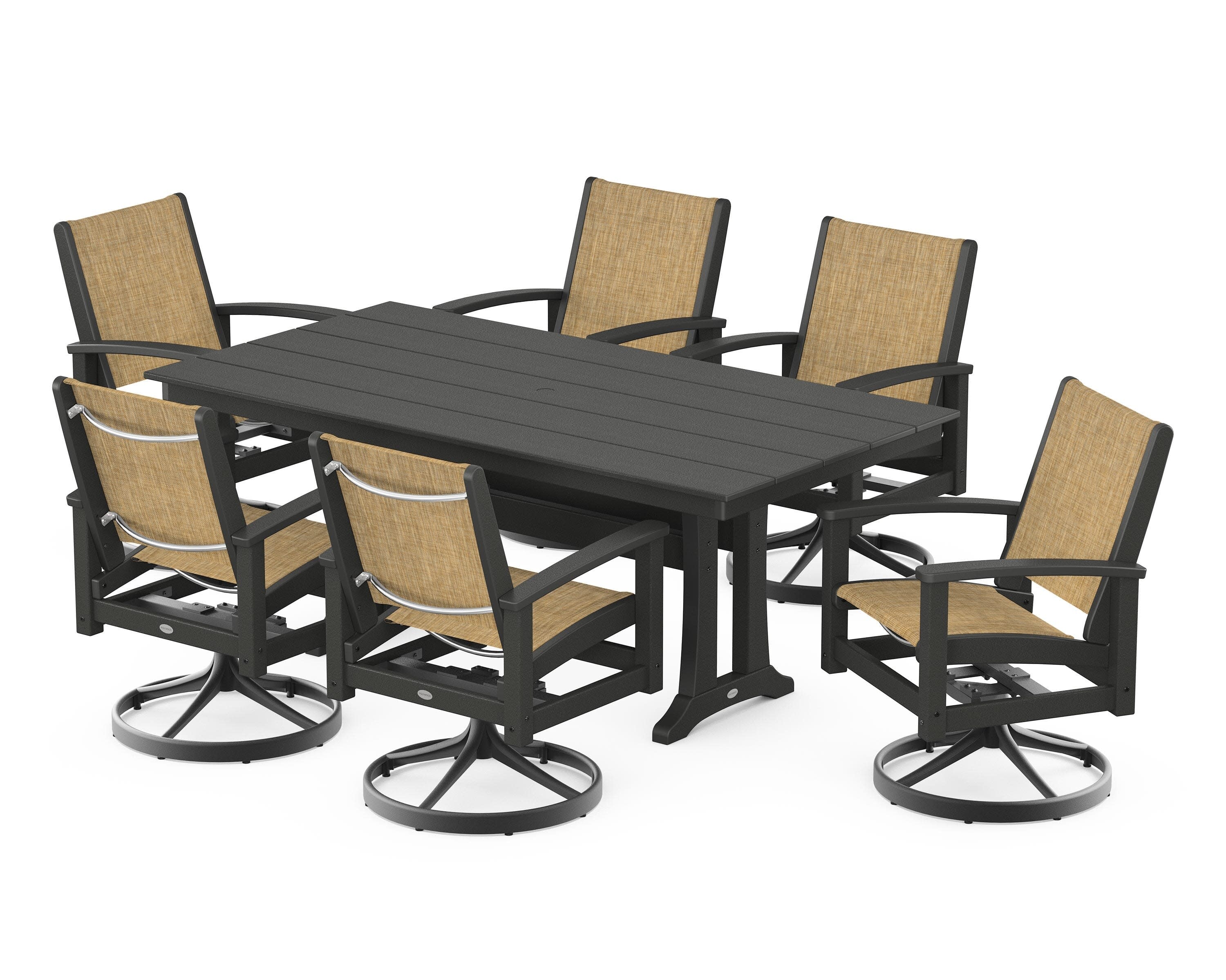 7 Piece Coastal Swivel Rocker Dining Set in Textured Black / Black / Burlap Sling