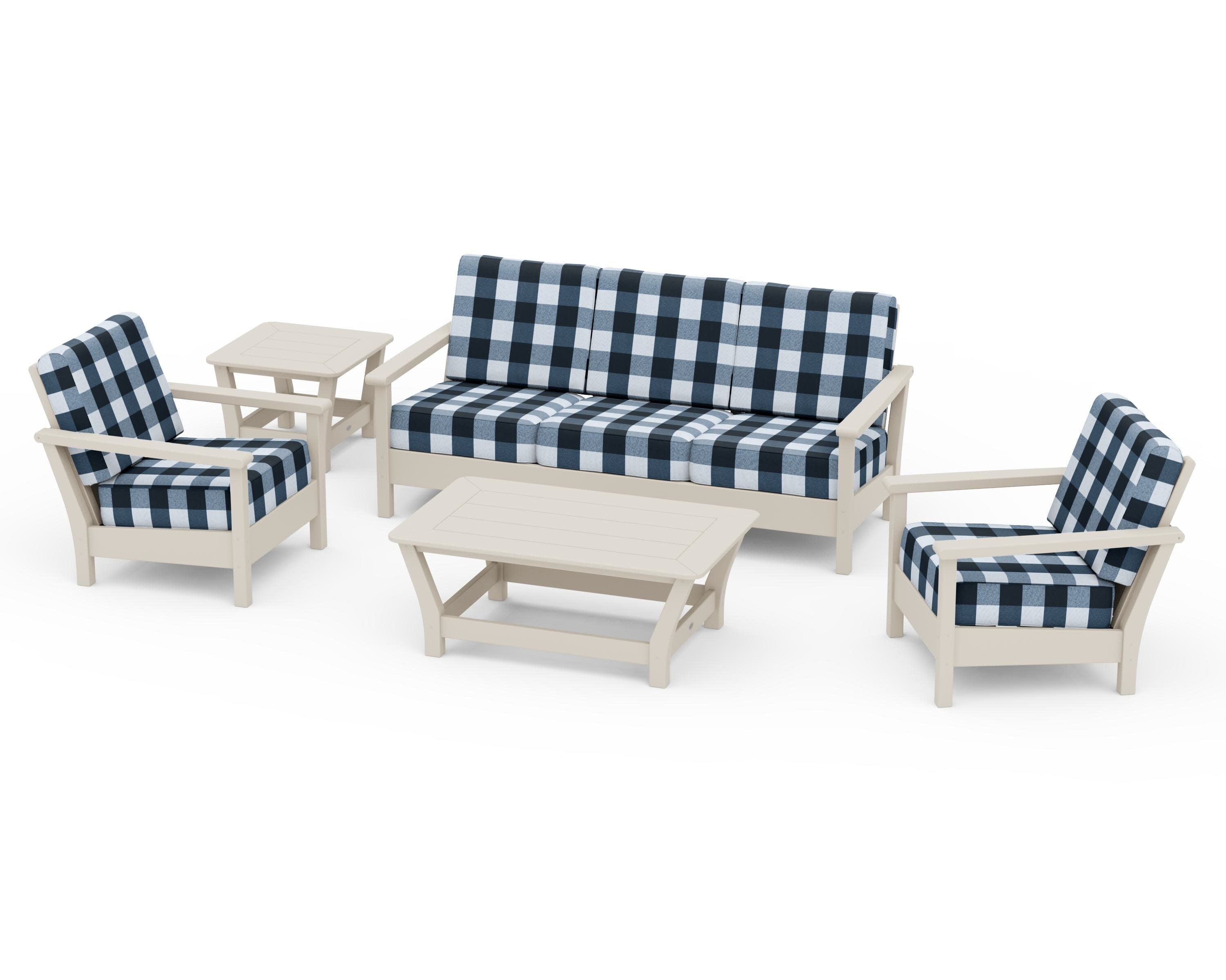 Harbour 5-Piece Deep Seating Set in Sand / Buffalo Plaid Marine Indigo