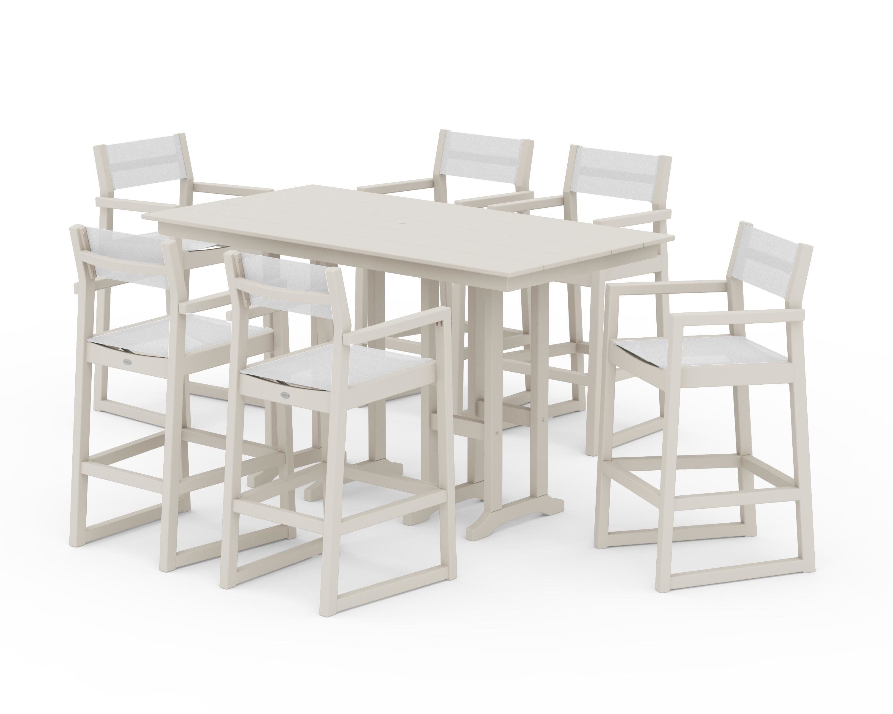 EDGE Sling Arm Chair 7-Piece Farmhouse Bar Set in Sand / White Sling