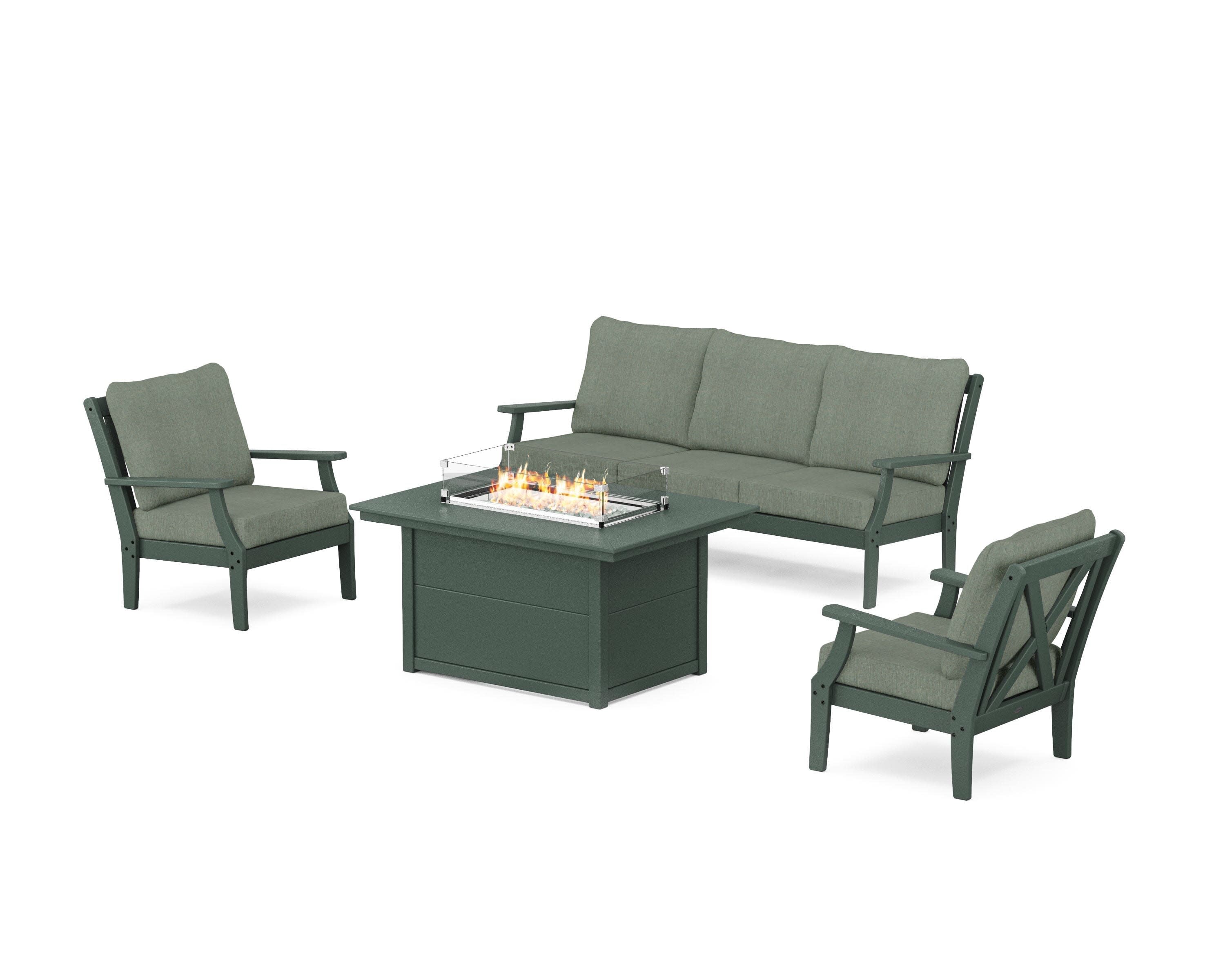 Braxton Deep Seating Fire Pit Table Set in Green / Cast Sage