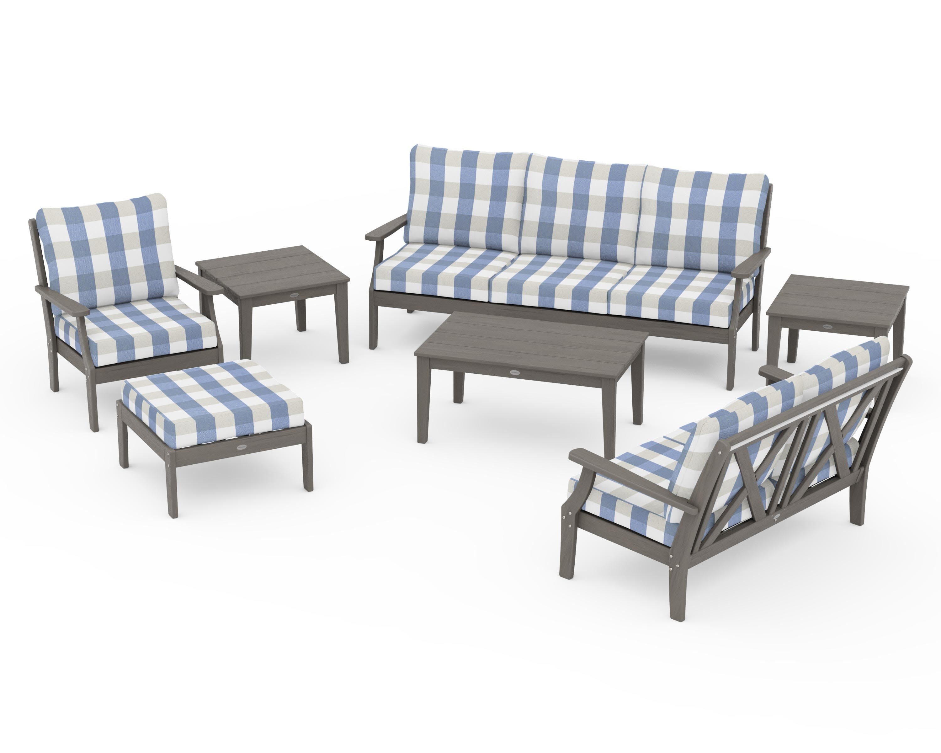Braxton 7-Piece Deep Seating Set in Driftwood / Buffalo Plaid Sky Blue