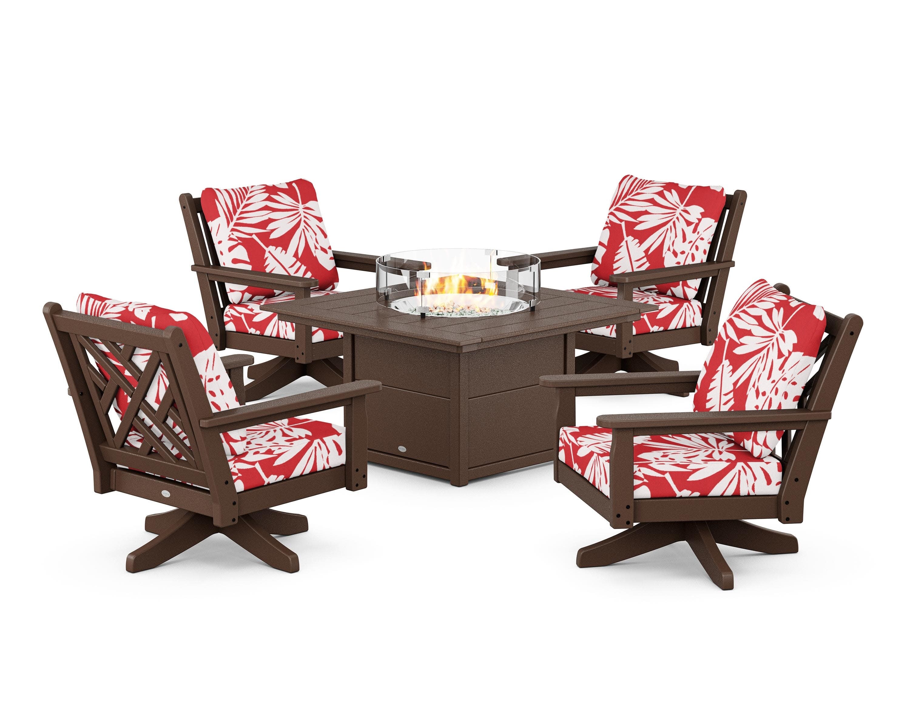 Chippendale 5-Piece Deep Seating Swivel Conversation Set with Fire Pit Table in Mahogany / Leaf Crimson
