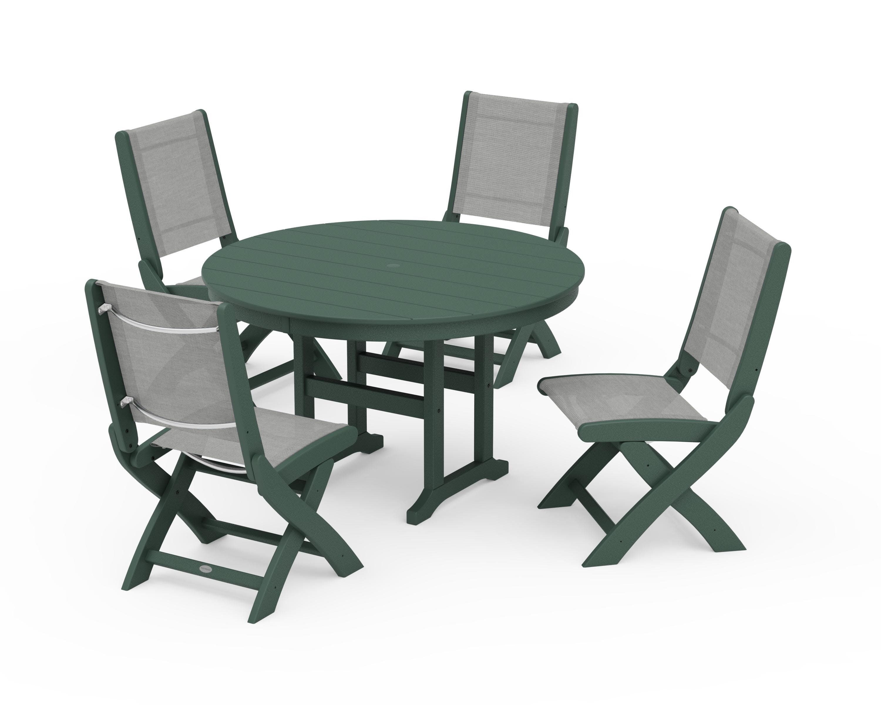 Coastal Folding Side Chair 5-Piece Round Dining Set in Green / Metallic Sling
