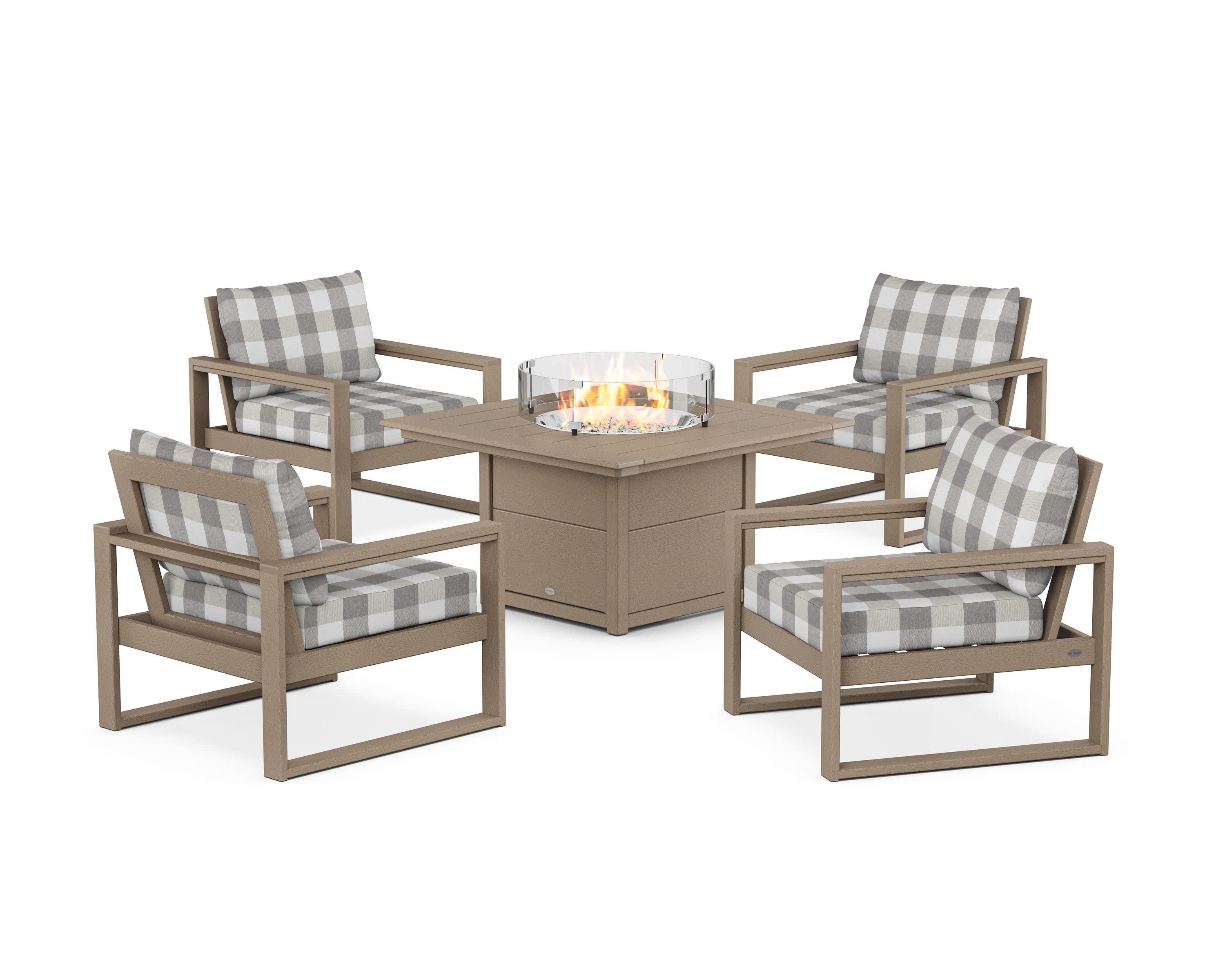 EDGE Sectional 5-Piece Deep Seating Set with Fire Pit Table in Vintage Sahara / Buffalo Plaid Grey Mist