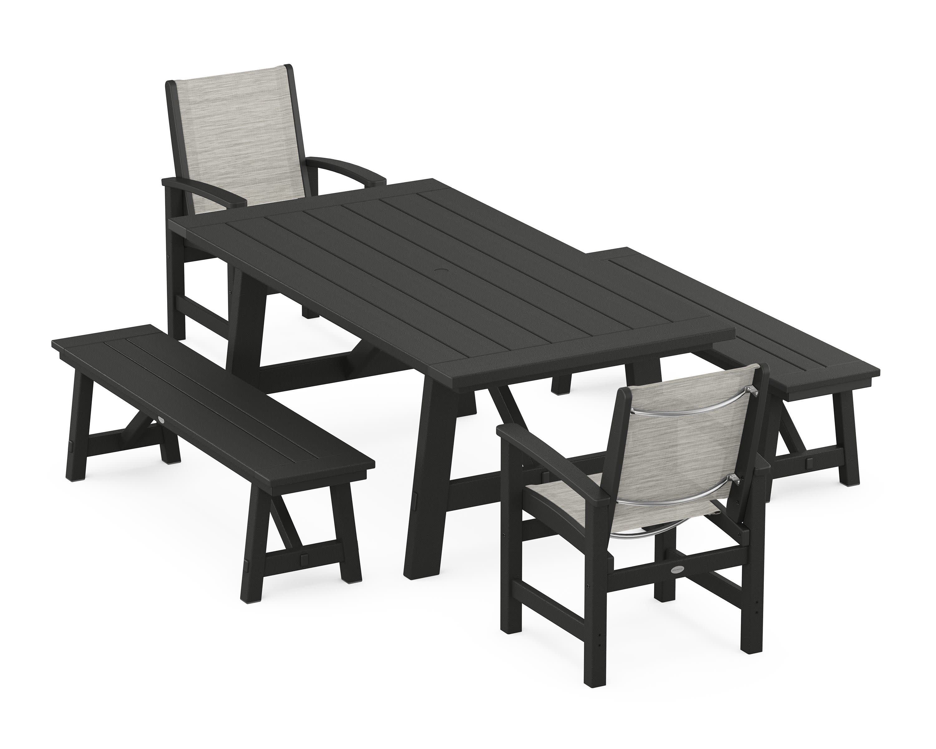 Coastal 5-Piece Rustic Farmhouse Dining Set With Benches in Black / Birch Sling