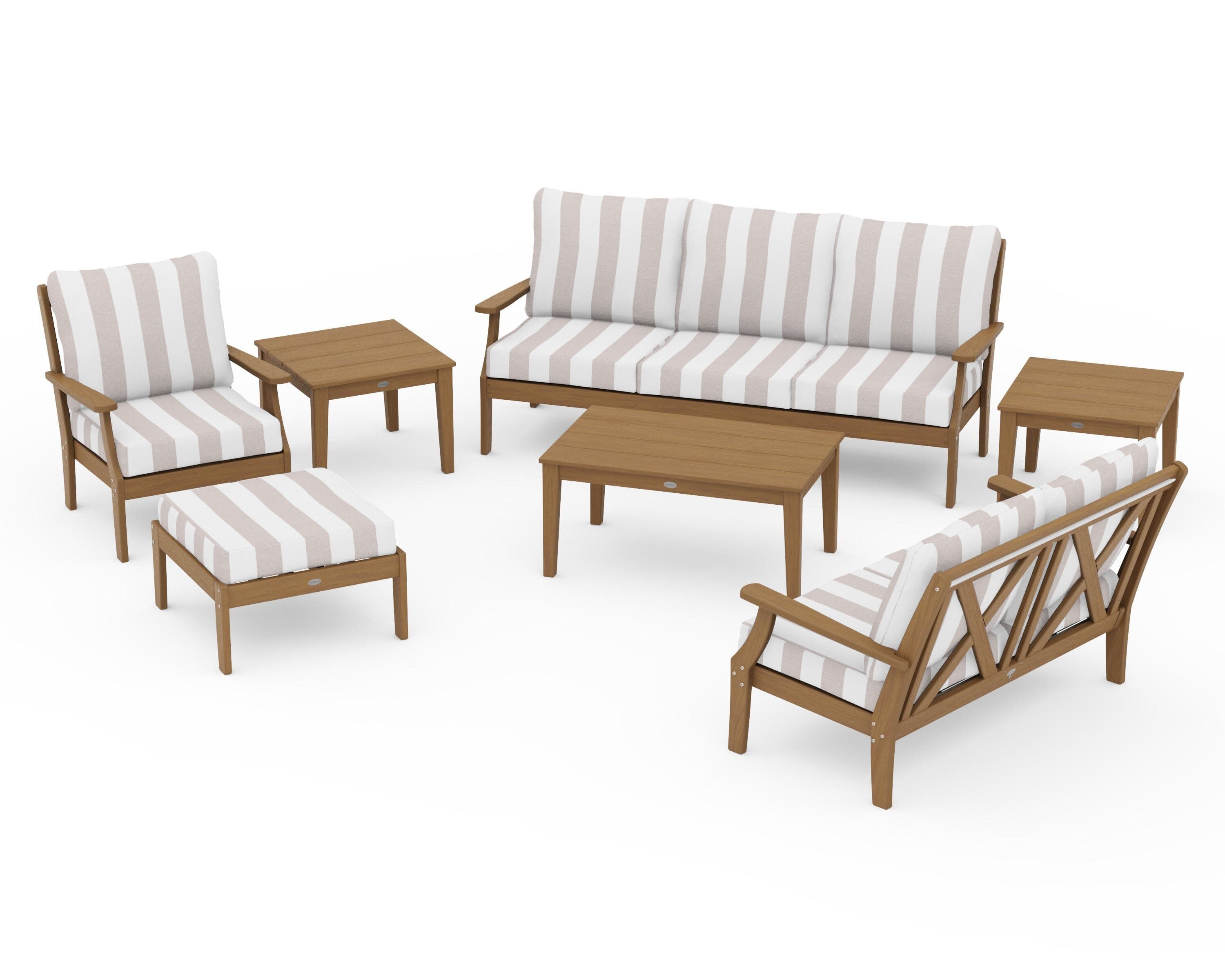 Braxton 7-Piece Deep Seating Set in Natural / Cabana Stripe Dune Burlap