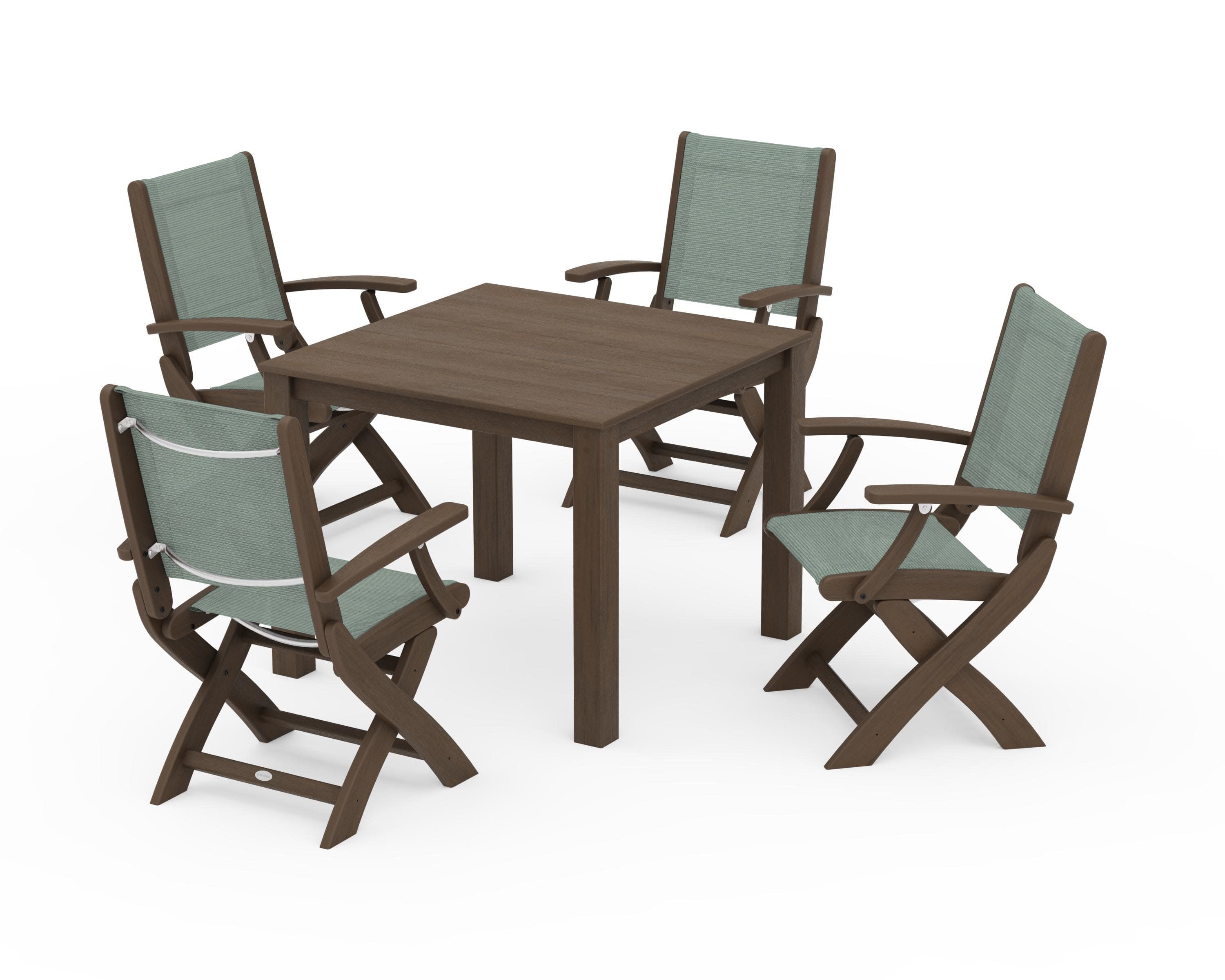 Coastal Folding Chair 5-Piece Parsons Dining Set in Kona / Dupioni Sea Mist Sling