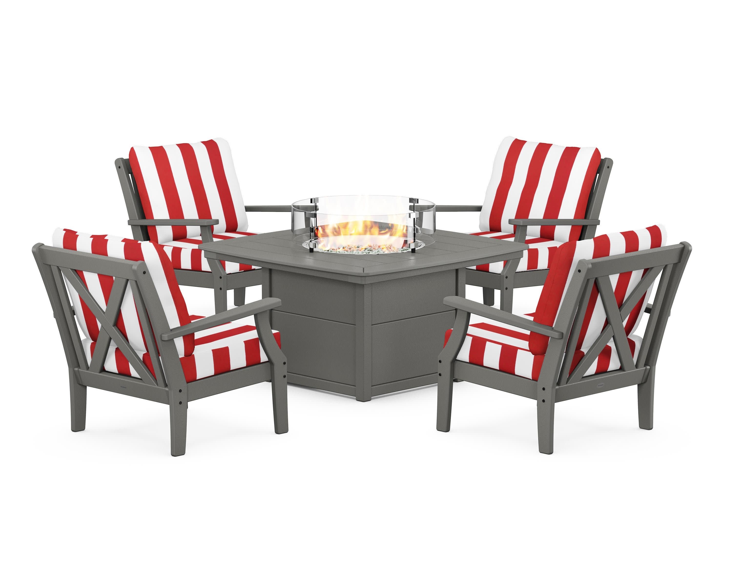 Braxton 5-Piece Deep Seating Conversation Set with Fire Pit Table in Slate Grey / Cabana Stripe Crimson