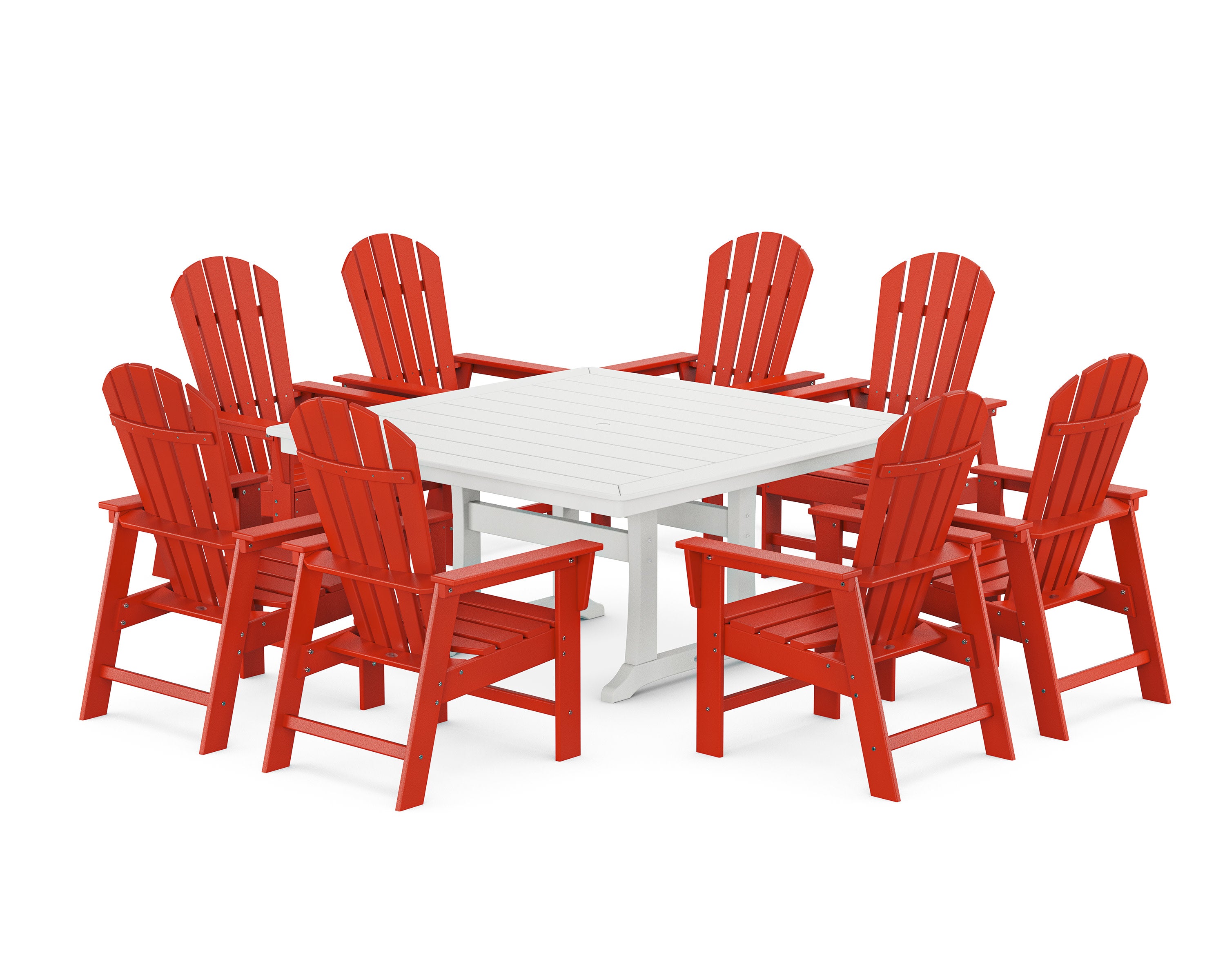 South Beach 9-Piece Square Dining Set with Trestle Legs in Sunset Red / White