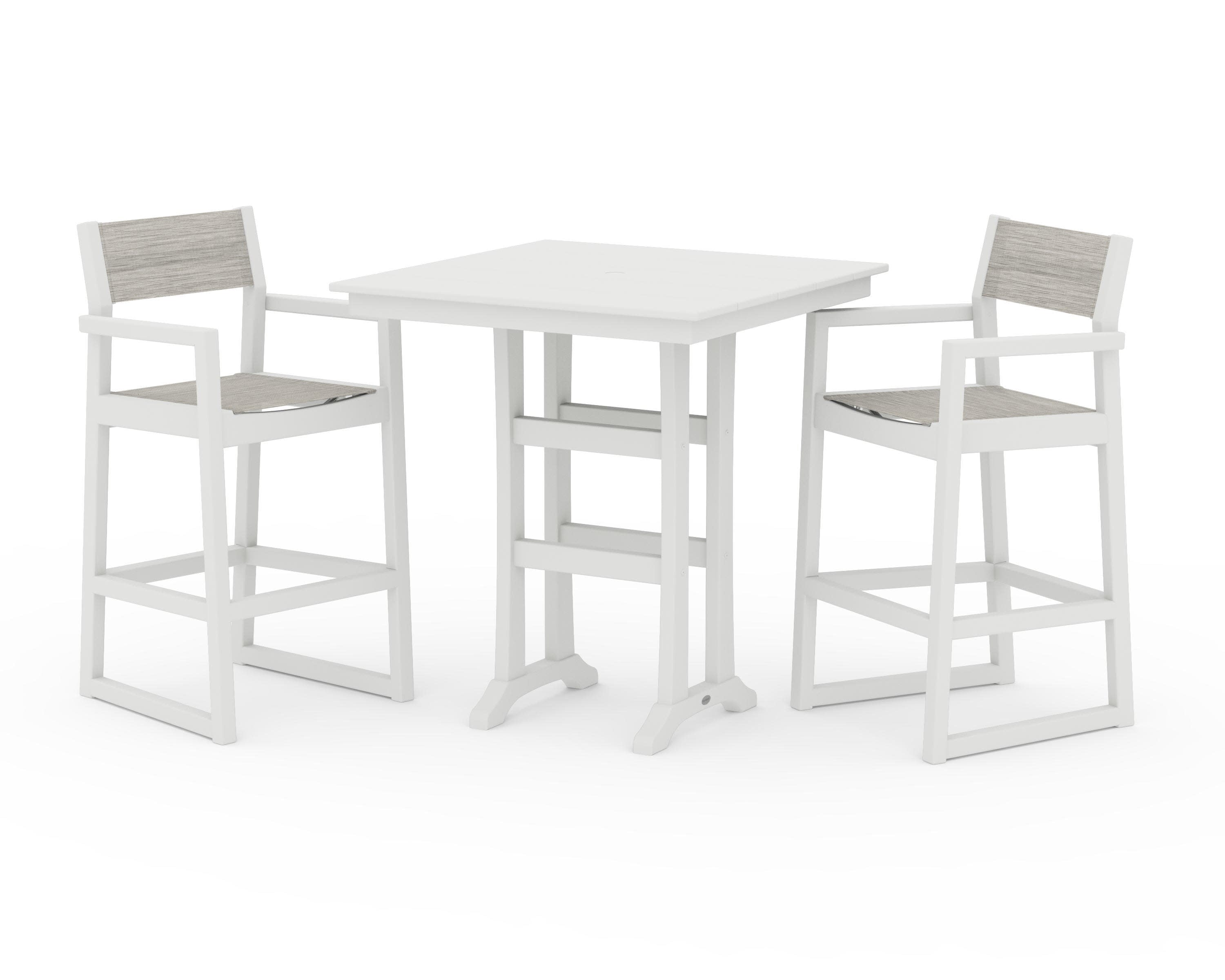 EDGE Sling Arm Chair 3-Piece Farmhouse Bar Set with Trestle Legs in Vintage White / Birch Sling