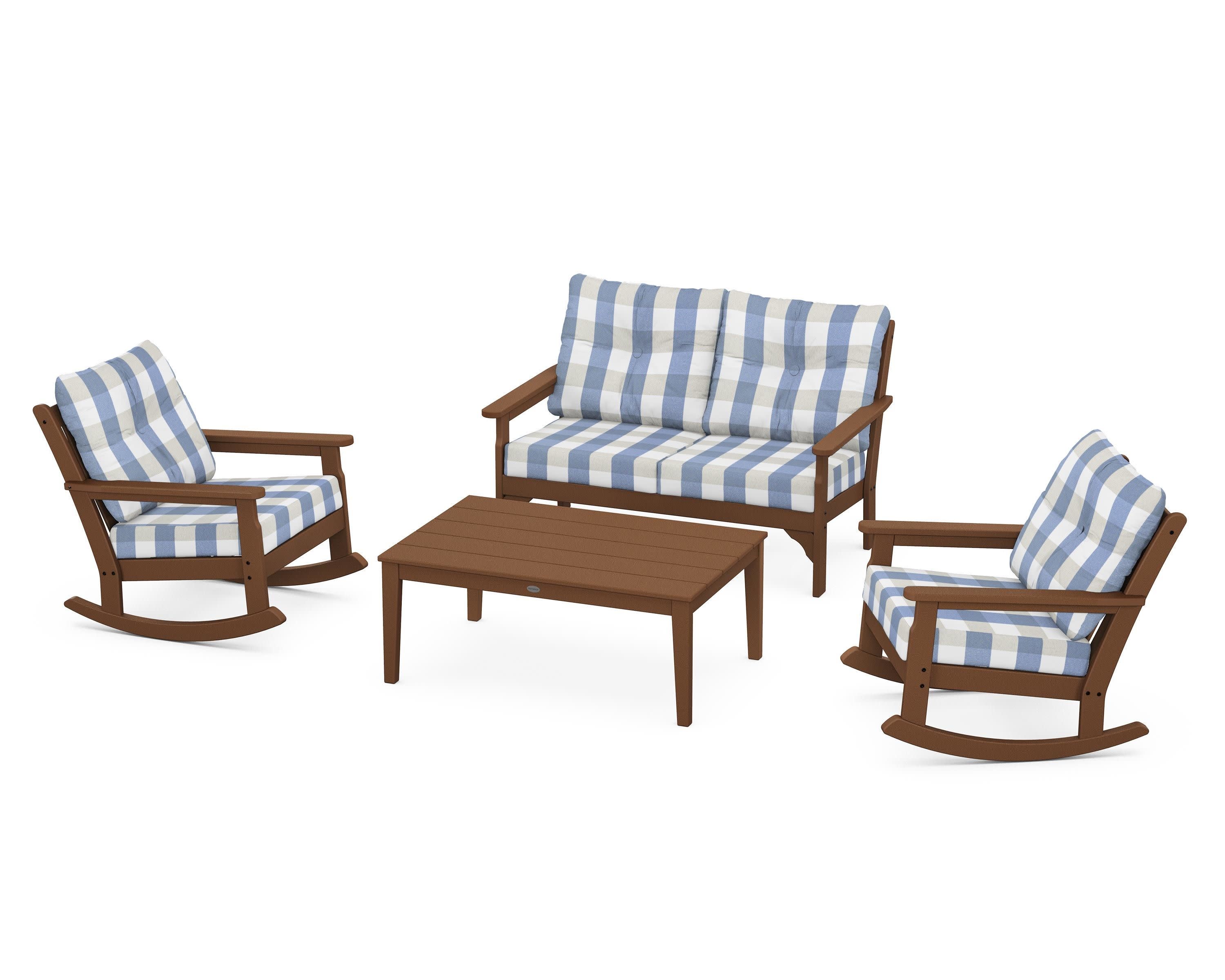Vineyard 4-Piece Deep Seating Rocking Chair Set in Teak / Buffalo Plaid Sky Blue