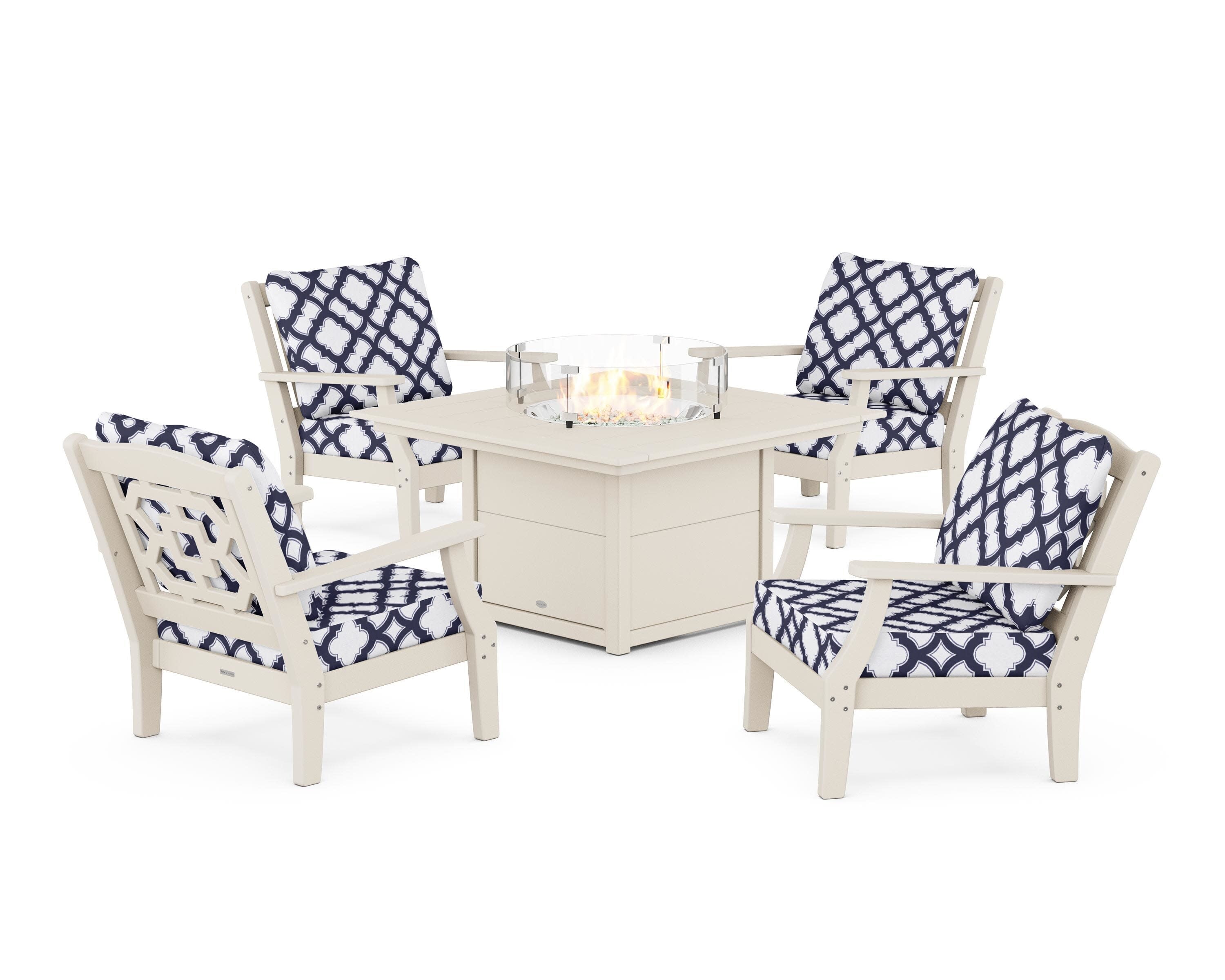 Chinoiserie 5-Piece Deep Seating Set with Fire Pit Table in Sand / Trellis Navy