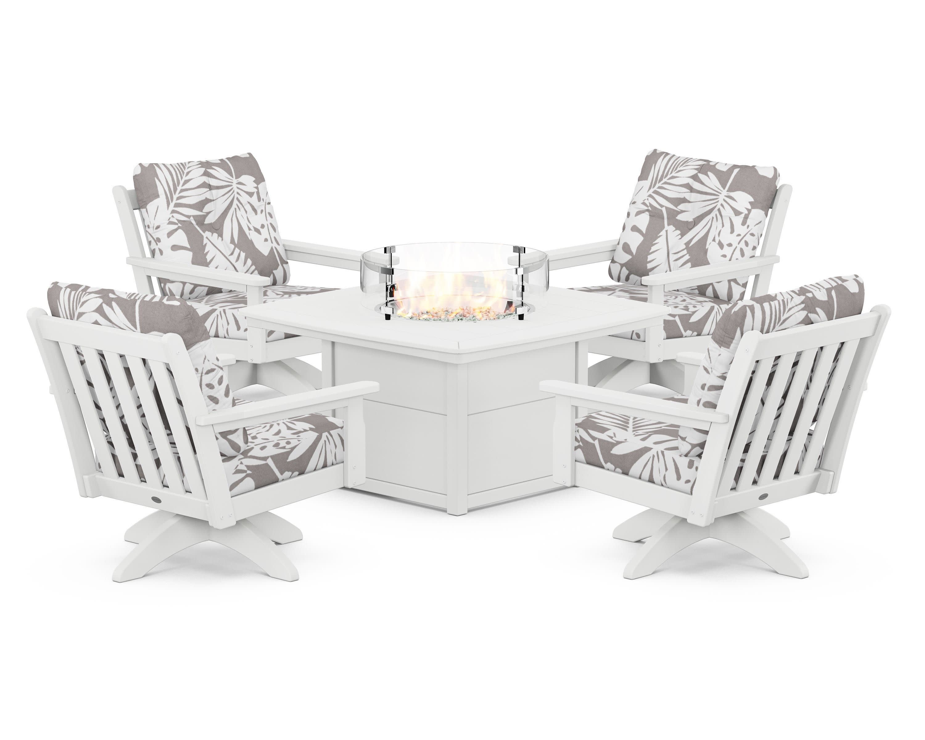Vineyard 5-Piece Deep Seating Swivel Conversation Set with Fire Pit Table in White / Leaf Grey Mist