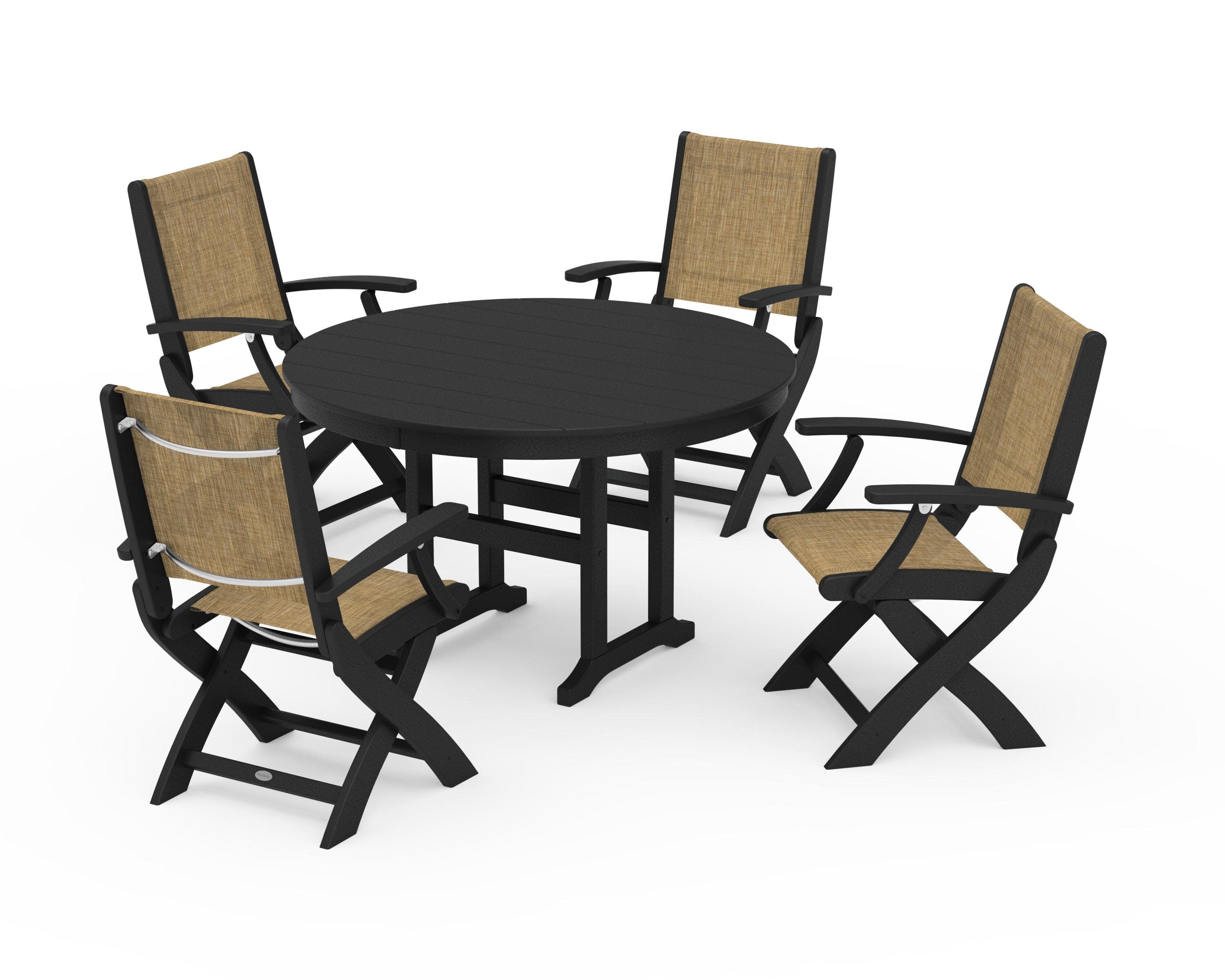 Coastal Folding Chair 5-Piece Round Dining Set in Black / Burlap Sling