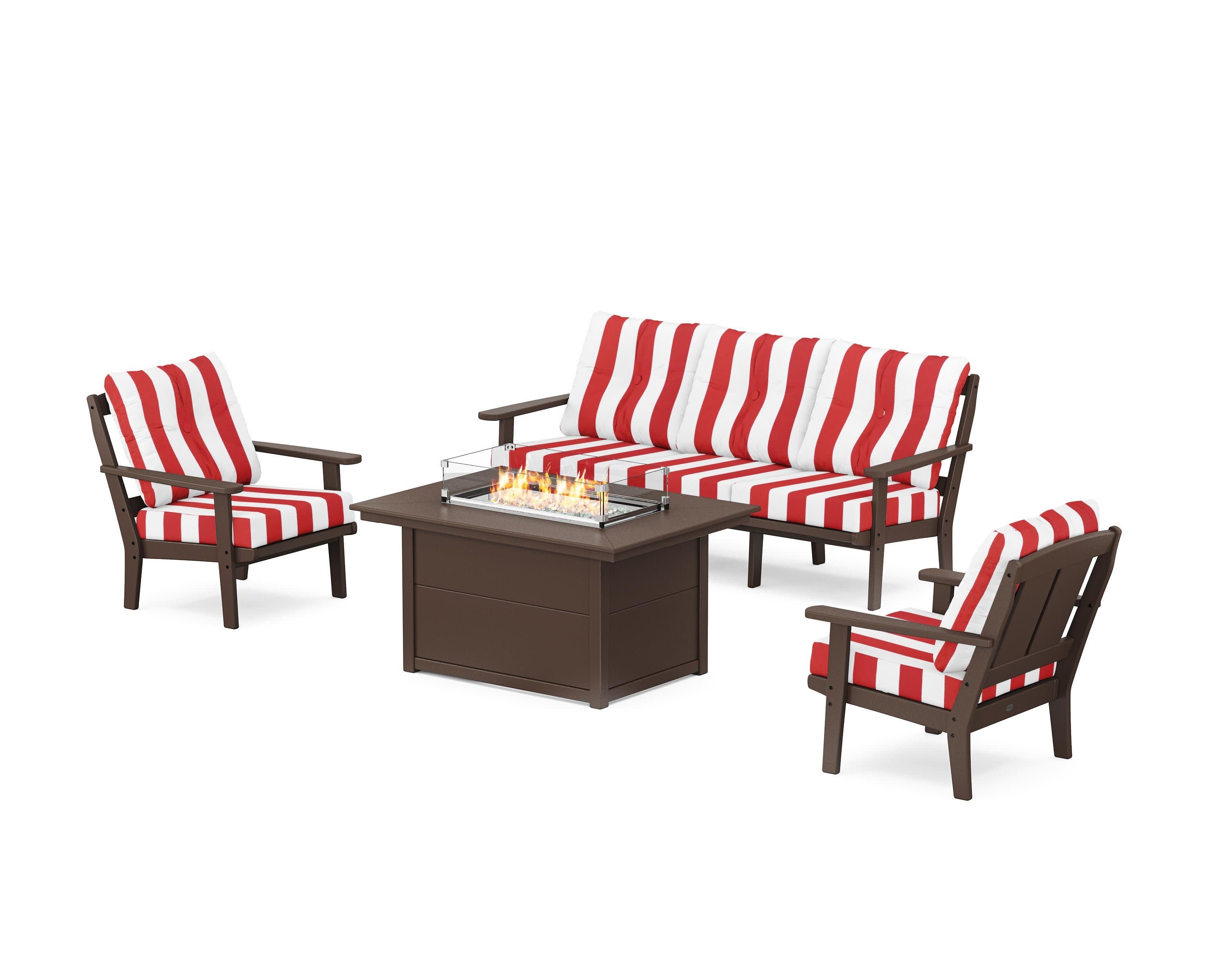 Mission Deep Seating Fire Pit Table Set in Mahogany / Cabana Stripe Crimson