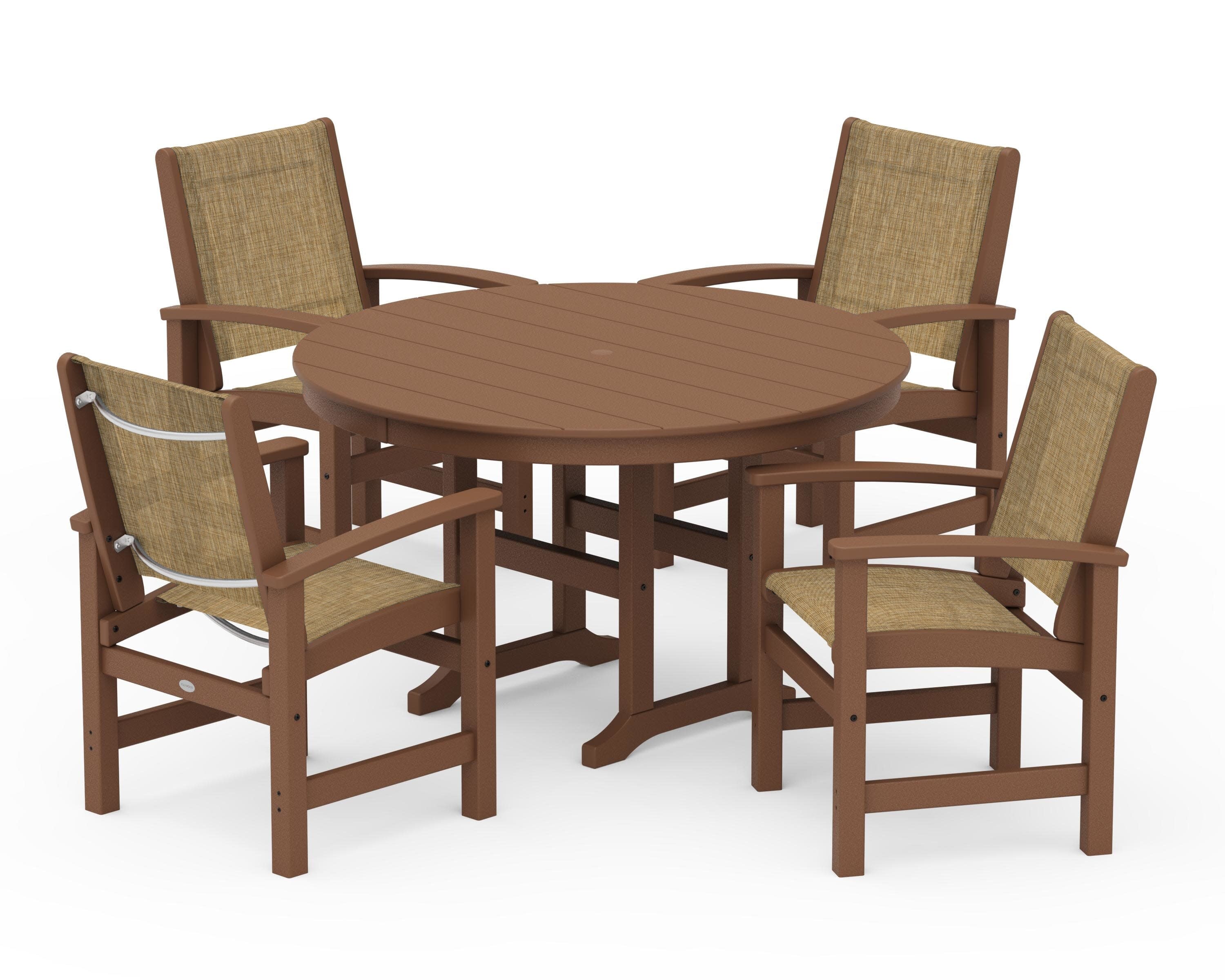 Coastal 5-Piece Round Farmhouse Dining Set in Teak / Burlap Sling