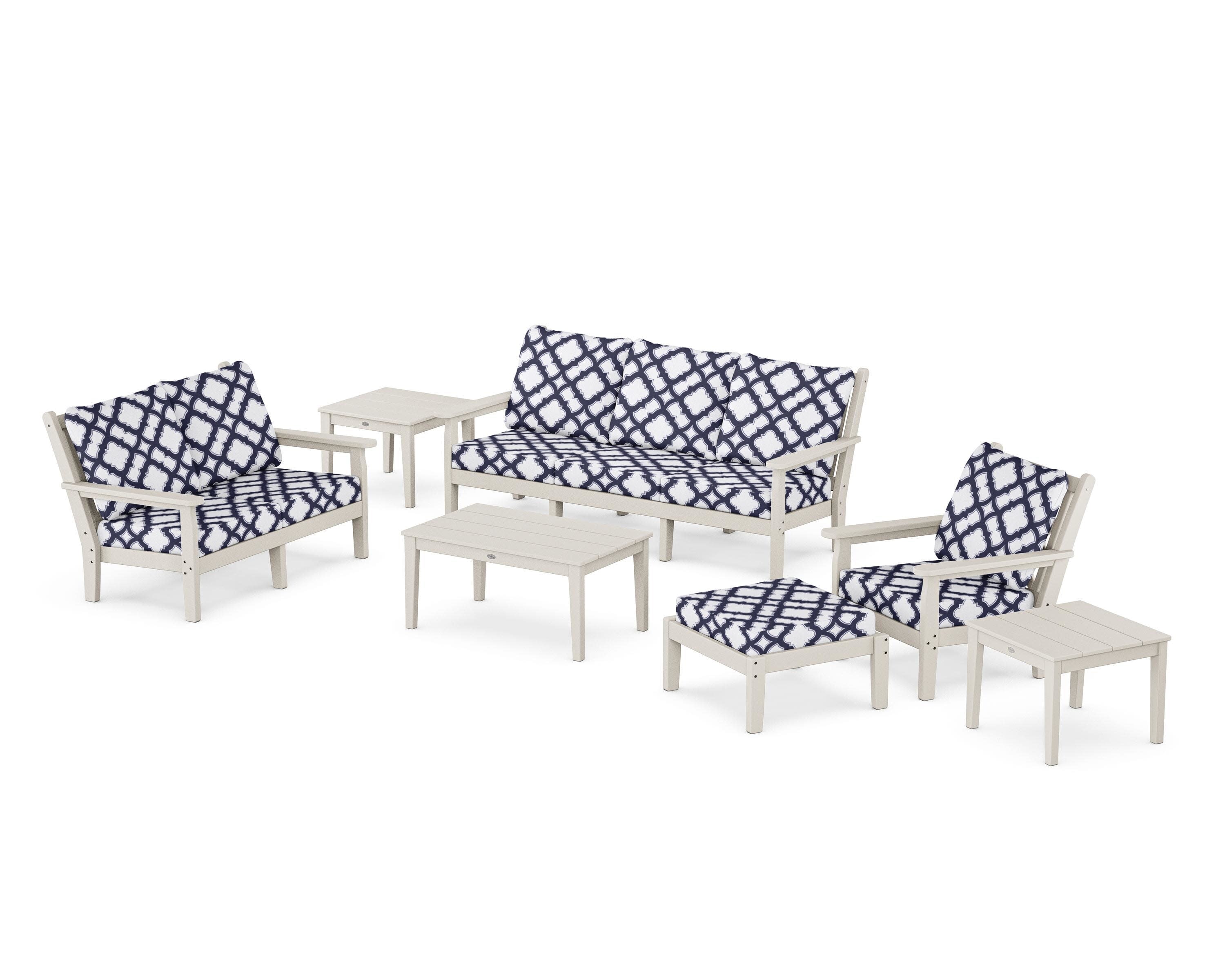 Chippendale 7-Piece Deep Seating Set in Sand / Trellis Navy
