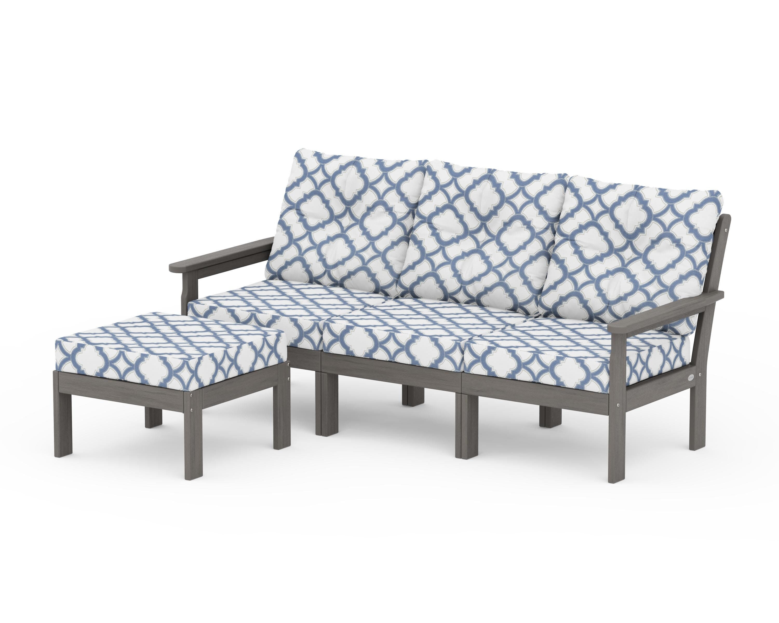 Vineyard 4-Piece Sectional with Ottoman in Driftwood / Trellis Sky Blue