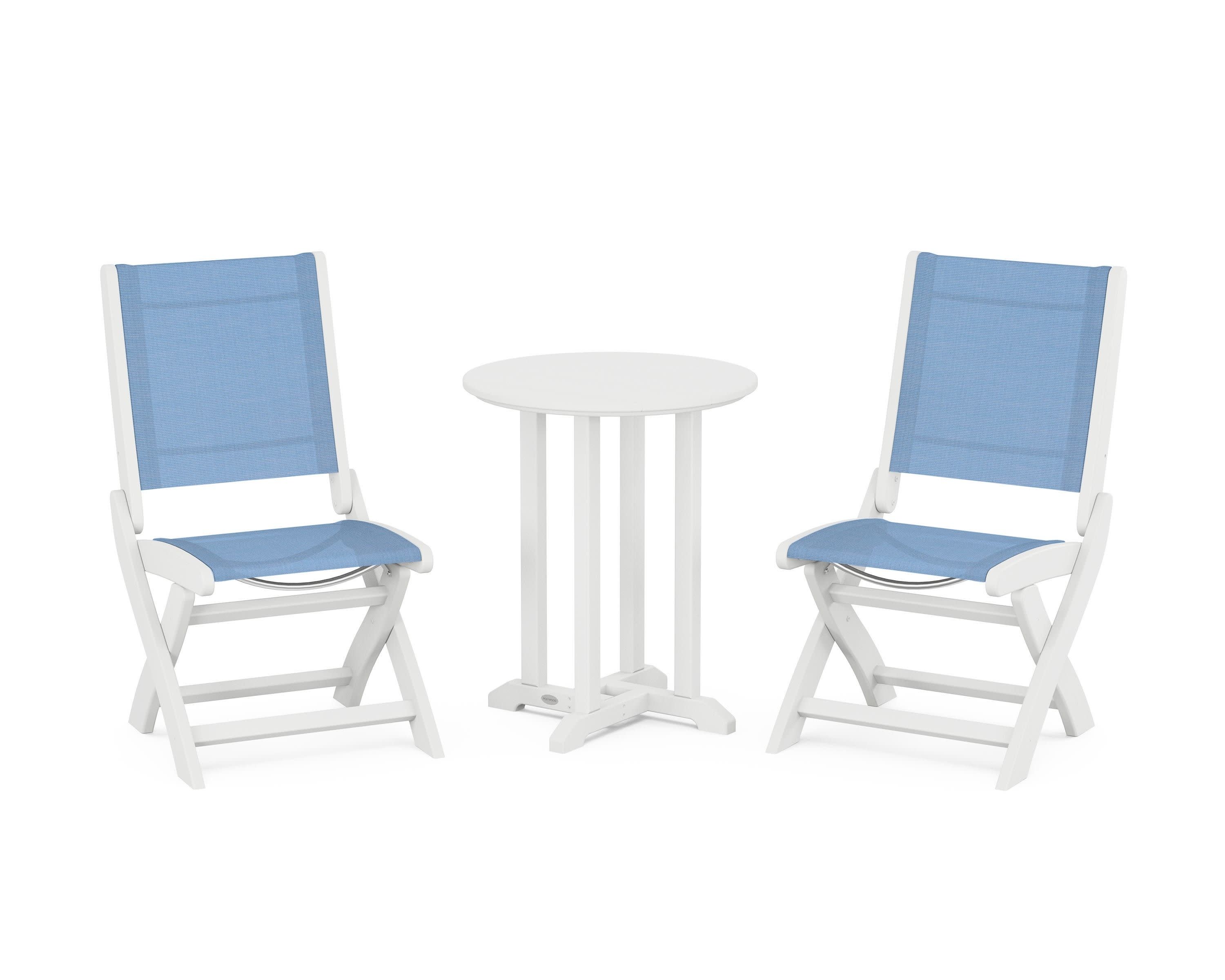 Coastal Folding Side Chair 3-Piece Round Bistro Dining Set in White / Poolside Sling