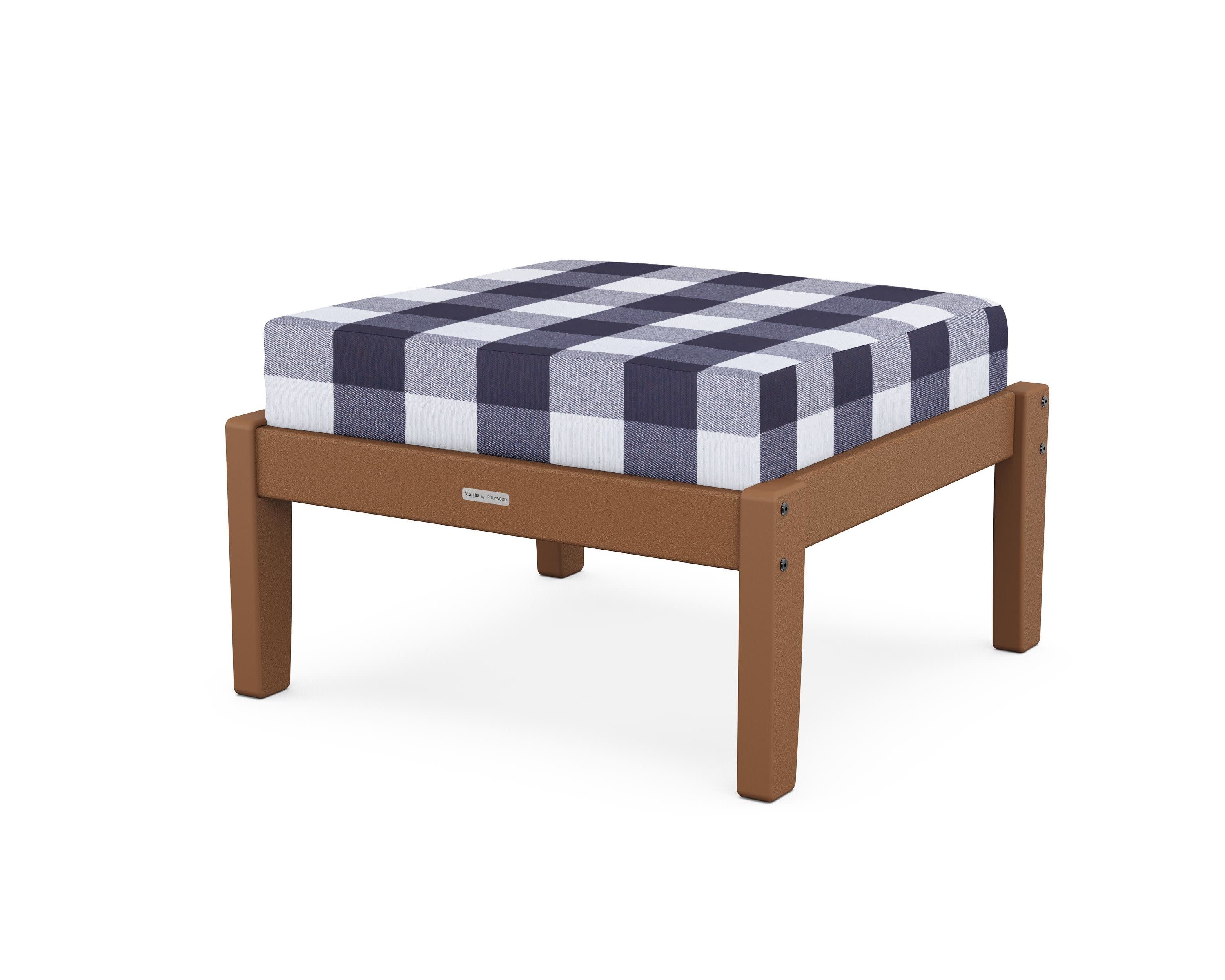 Chinoiserie Deep Seating Ottoman in Teak / Buffalo Plaid Navy