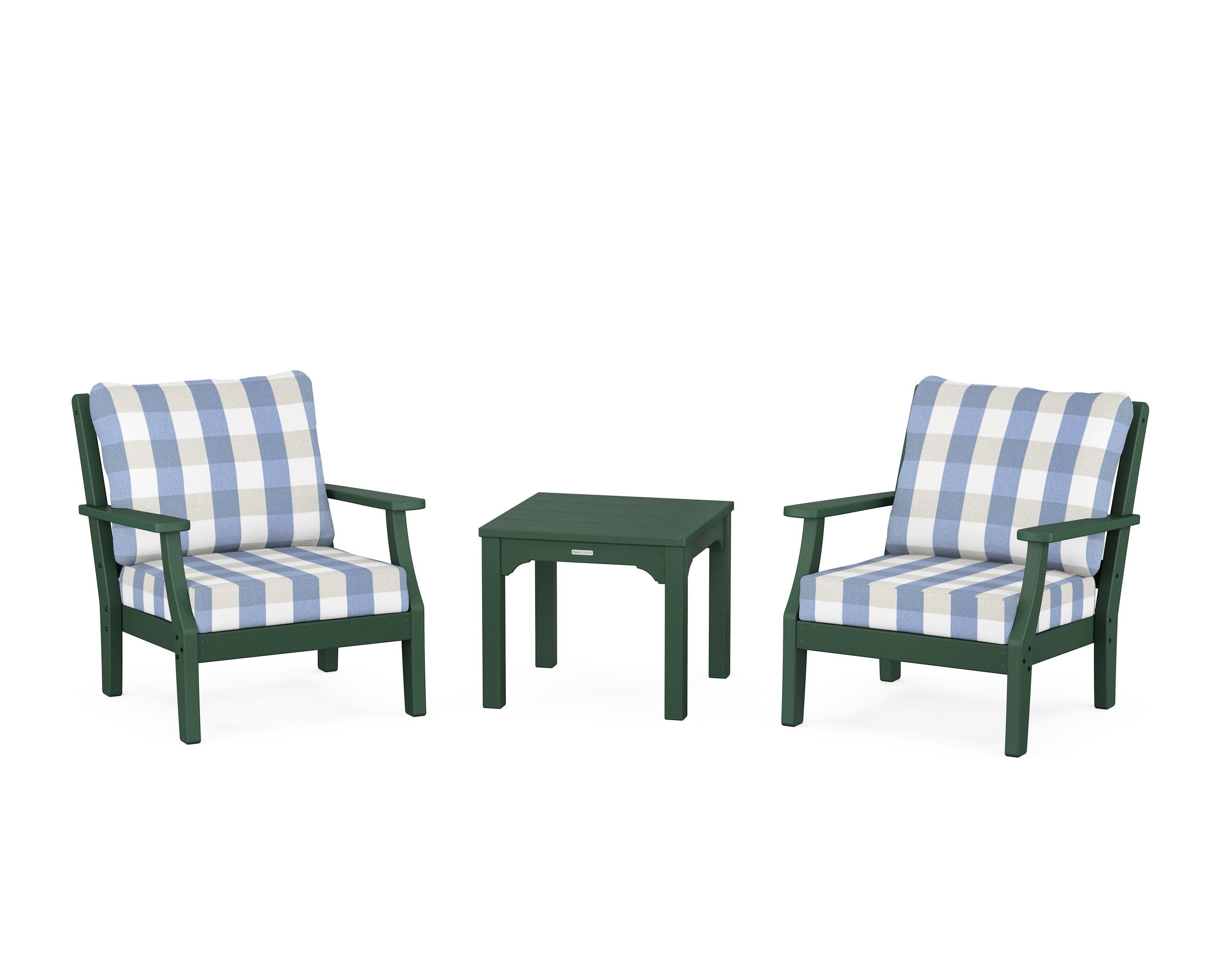 Chinoiserie 3-Piece Deep Seating Set in Green / Buffalo Plaid Sky Blue