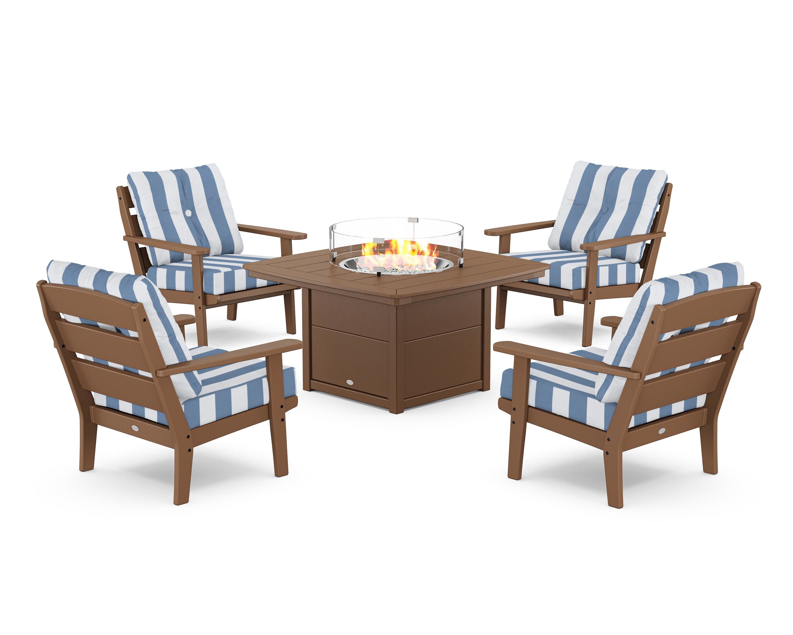 Lakeside 5-Piece Deep Seating Set with Nautical Fire Pit Table in Teak / Cabana Stripe Sky Blue