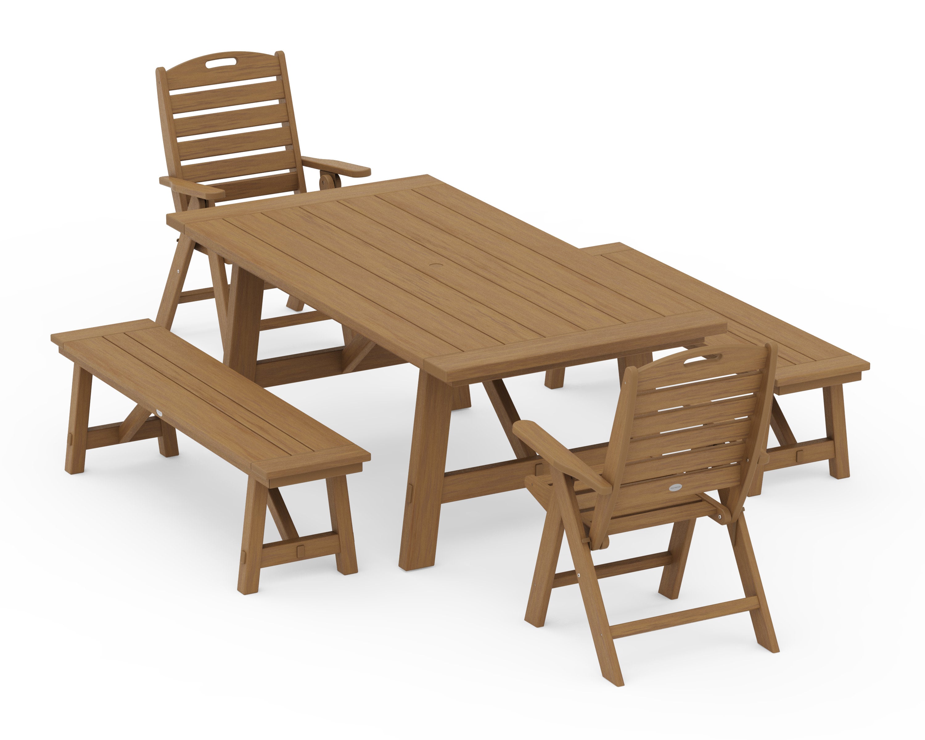 Nautical Folding Highback Chair 5-Piece Rustic Farmhouse Dining Set With Benches in Natural