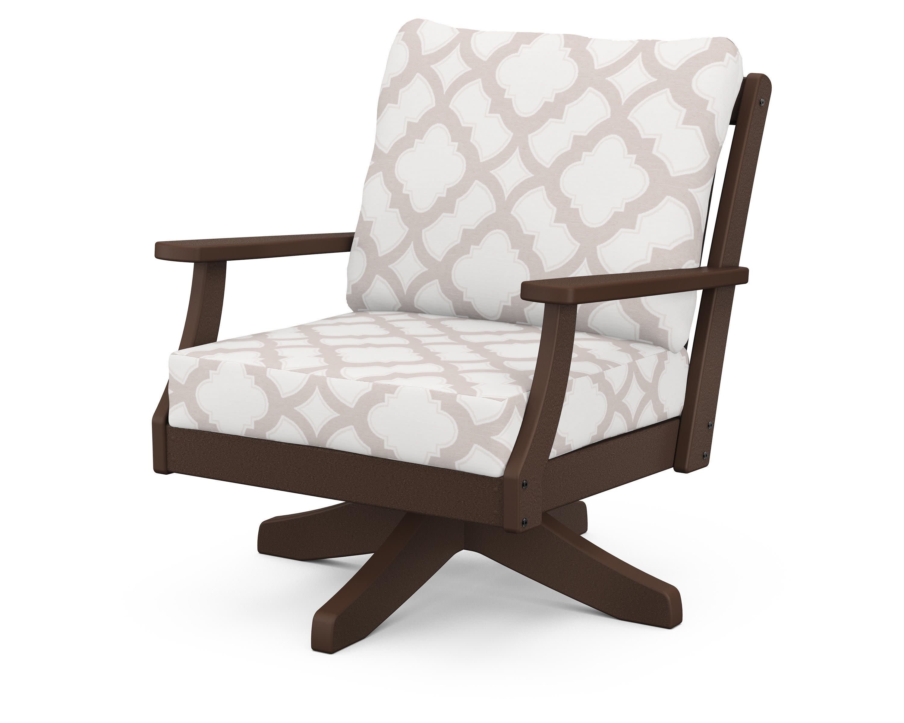 Braxton Deep Seating Swivel Chair in Mahogany / Trellis Dune Burlap