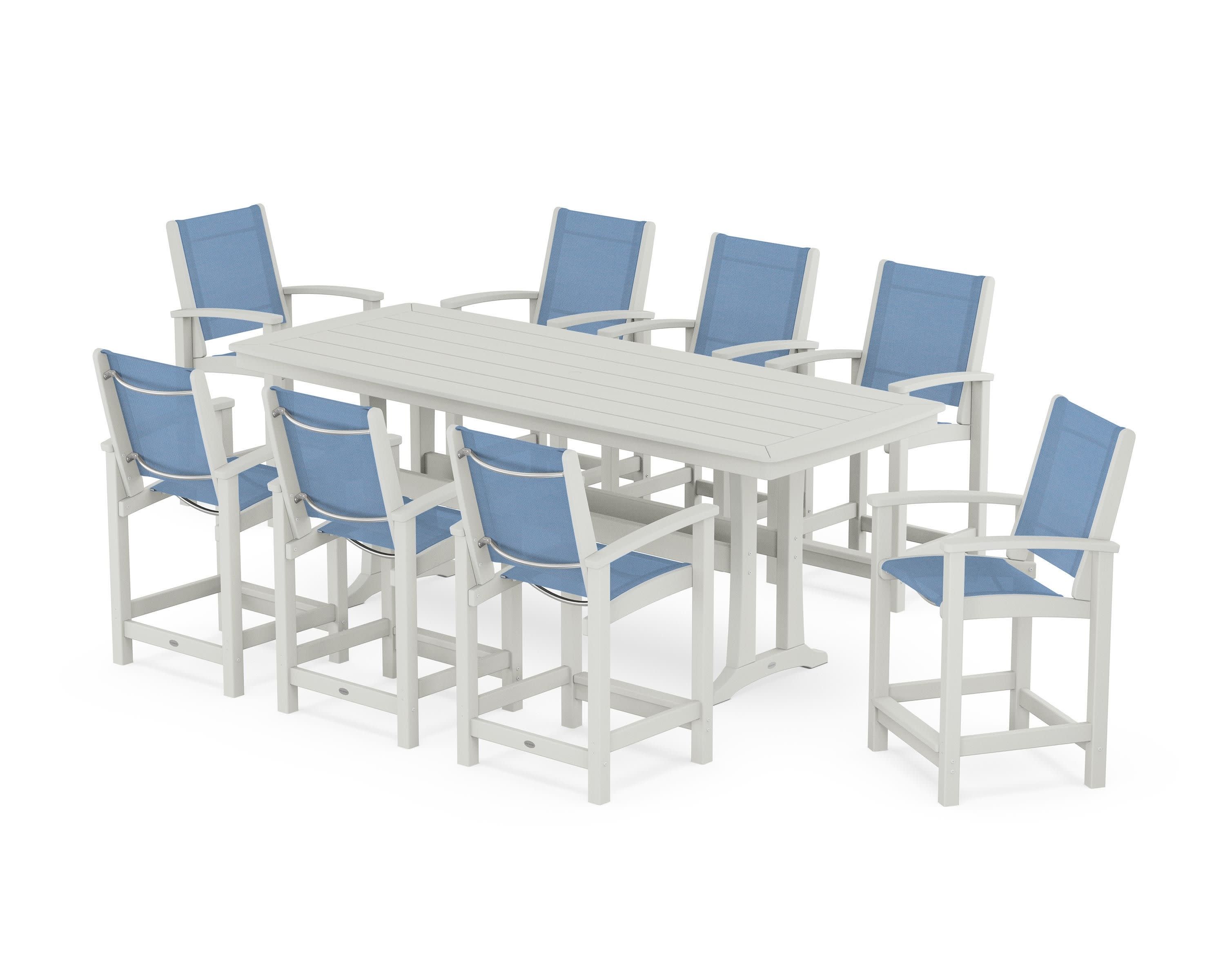 Coastal 9-Piece Counter Set with Trestle Legs in Vintage White / Poolside Sling