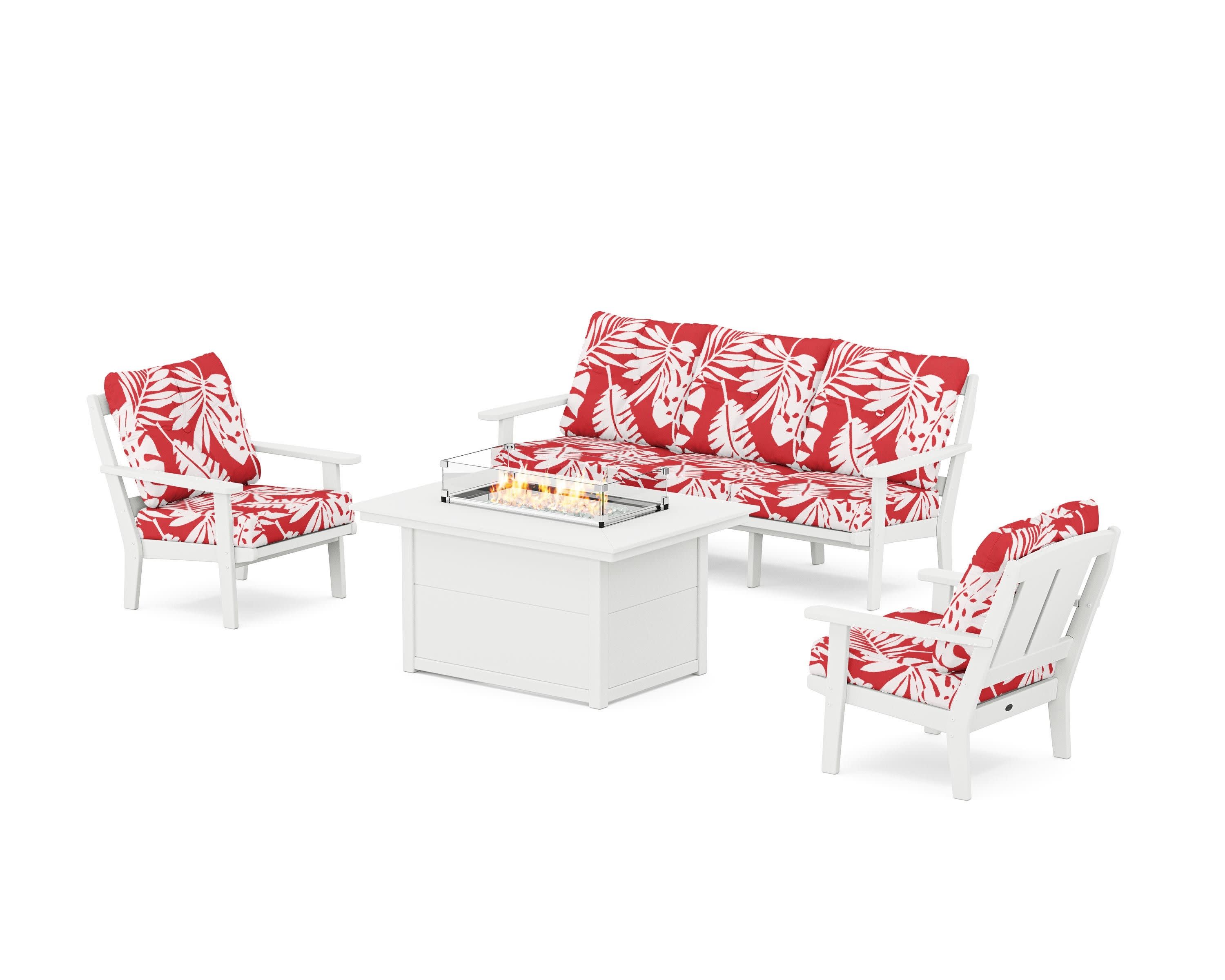 Mission Deep Seating Fire Pit Table Set in White / Leaf Crimson