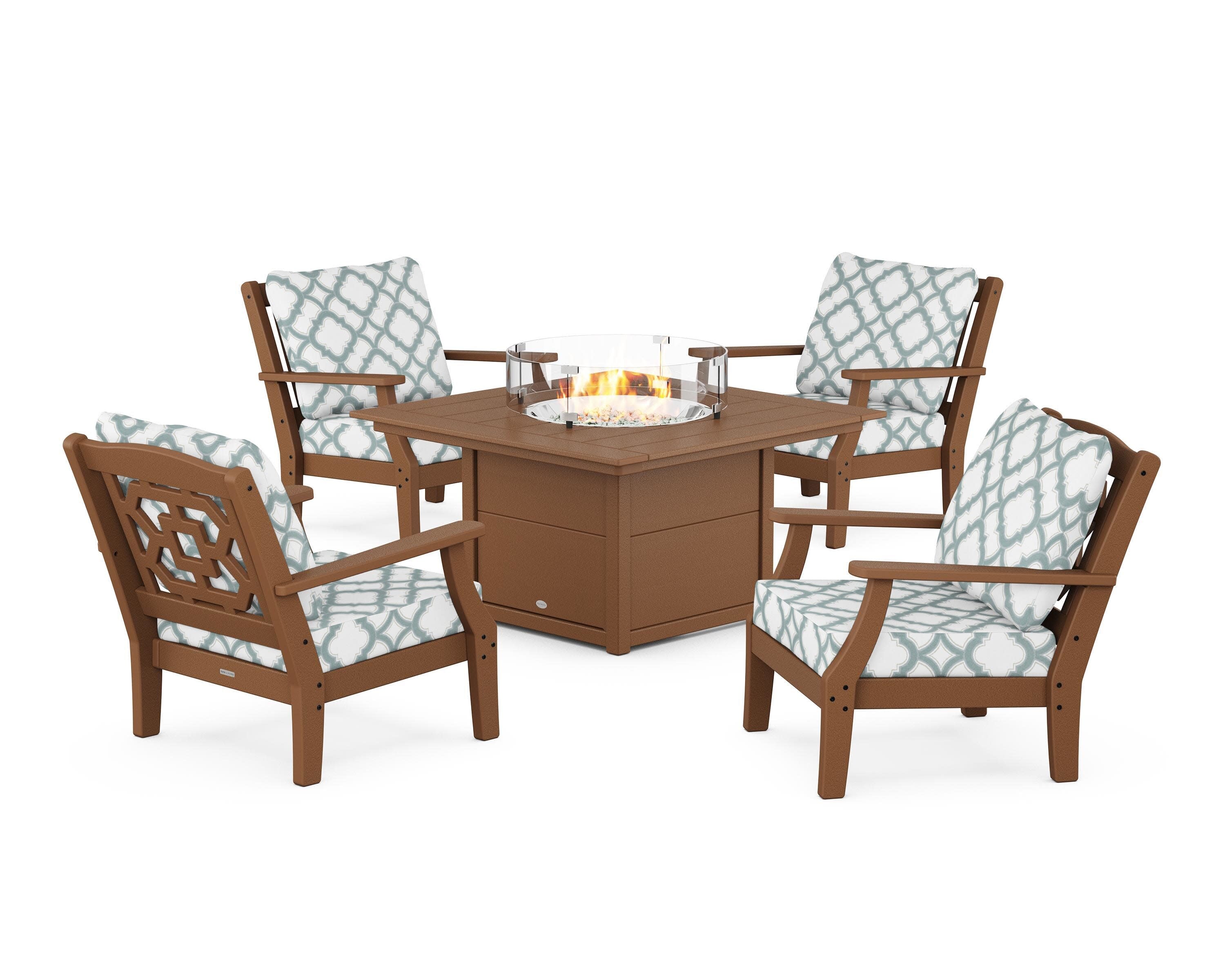Chinoiserie 5-Piece Deep Seating Set with Fire Pit Table in Teak / Trellis Glacier Spa