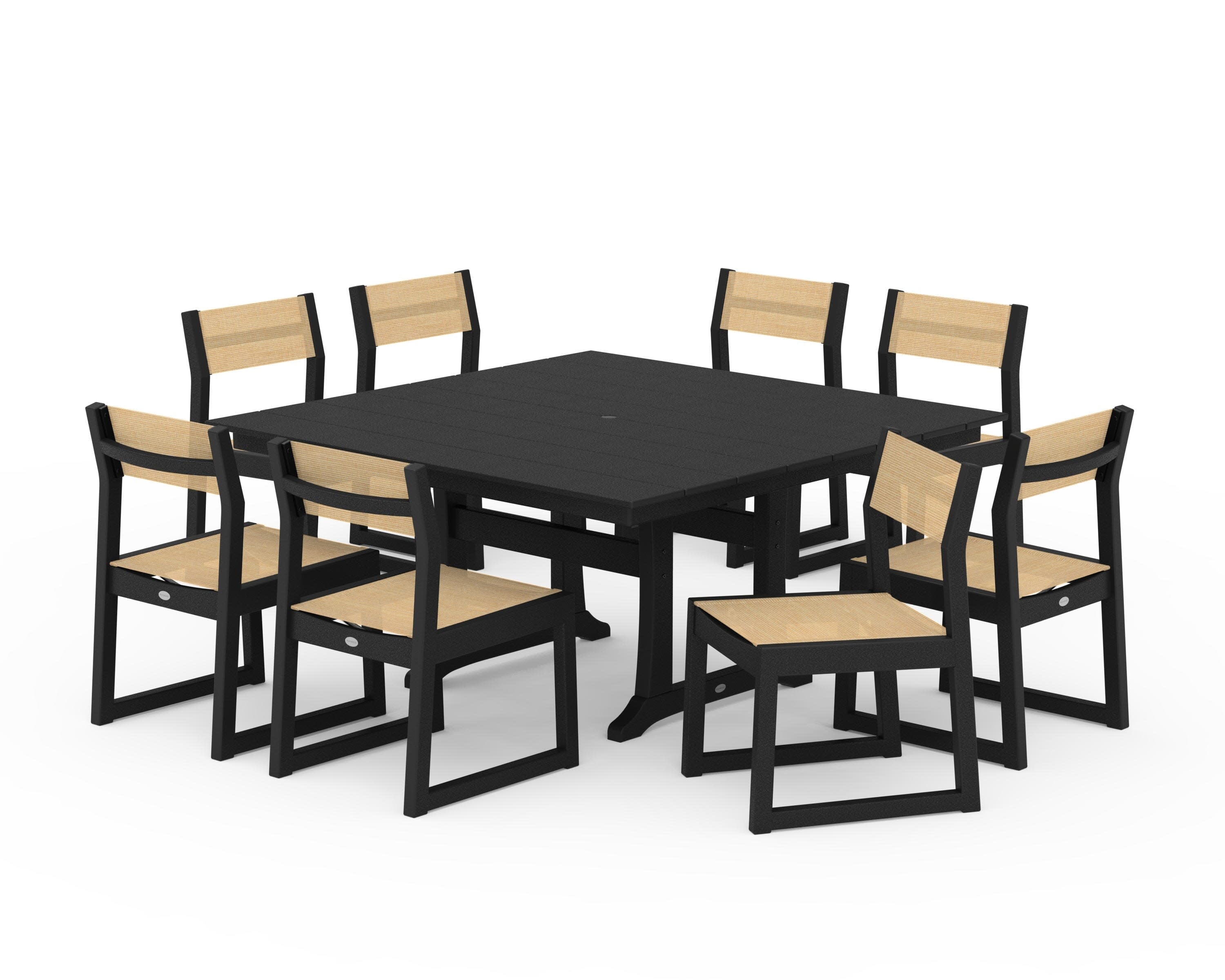 EDGE Sling Side Chair 9-Piece Farmhouse Trestle Dining Set in Black / Dupioni Apricot Sling