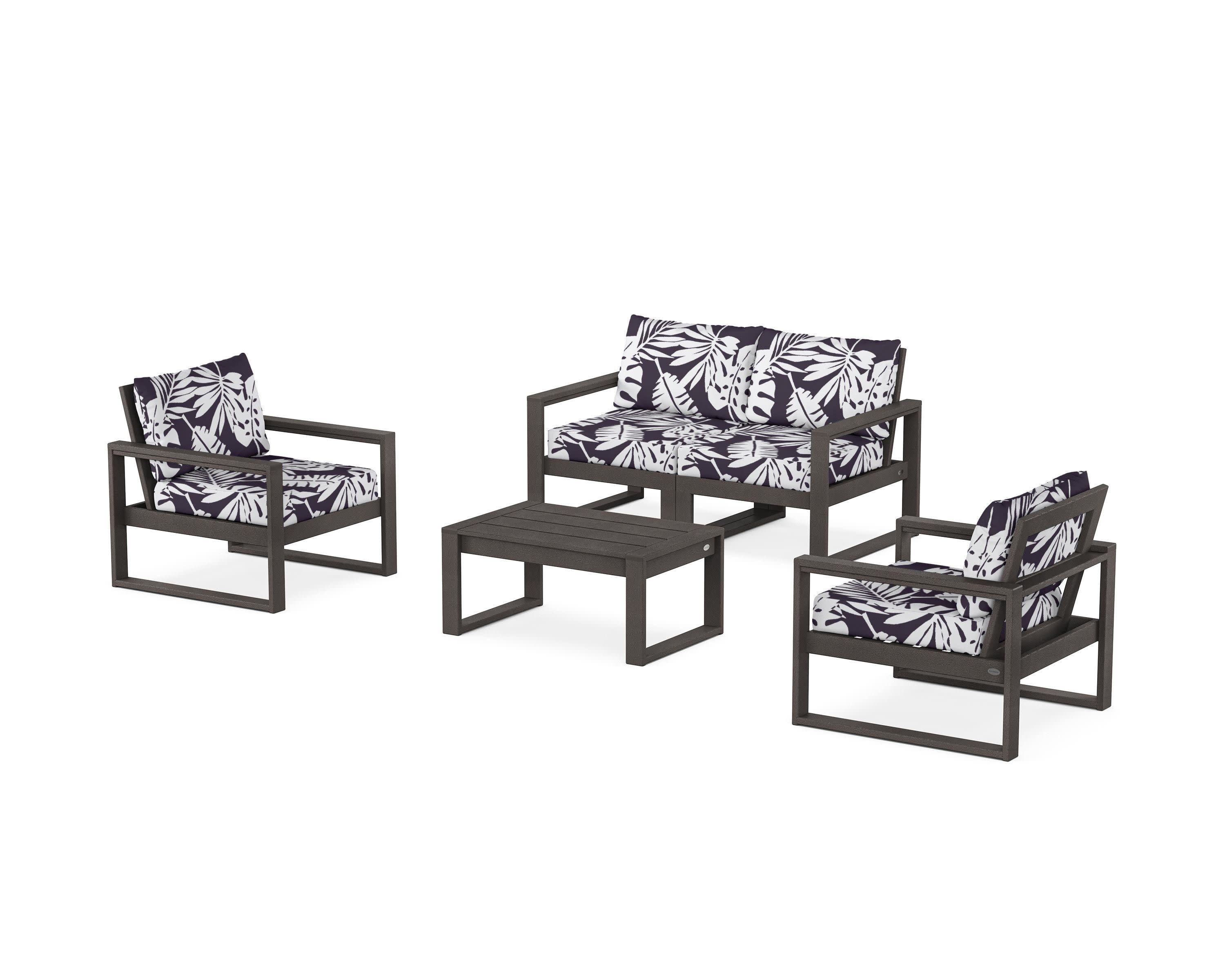 EDGE Sectional 4-Piece Deep Seating Set with Loveseat in Vintage Coffee / Leaf Navy