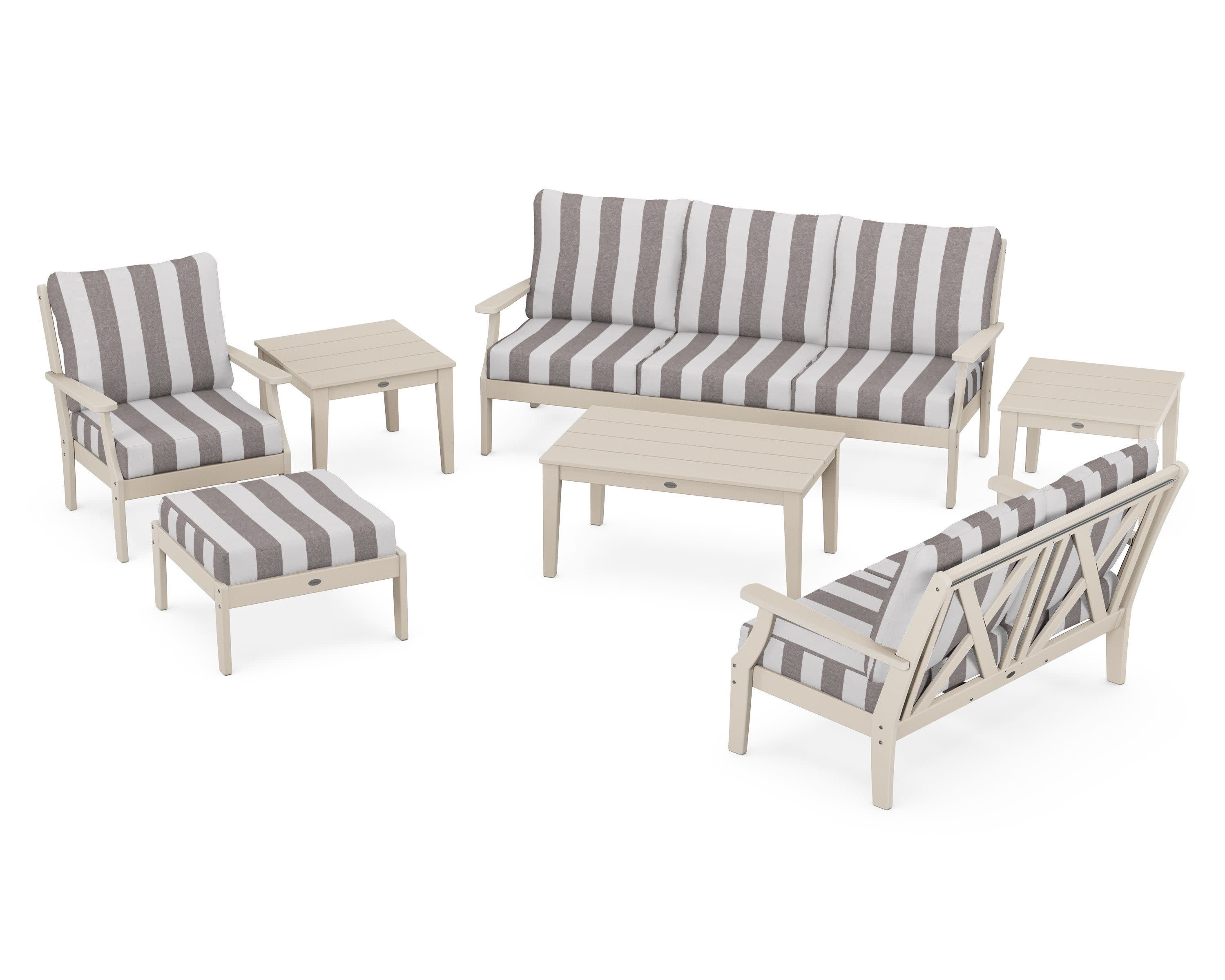 Braxton 7-Piece Deep Seating Set in Sand / Cabana Stripe Grey Mist