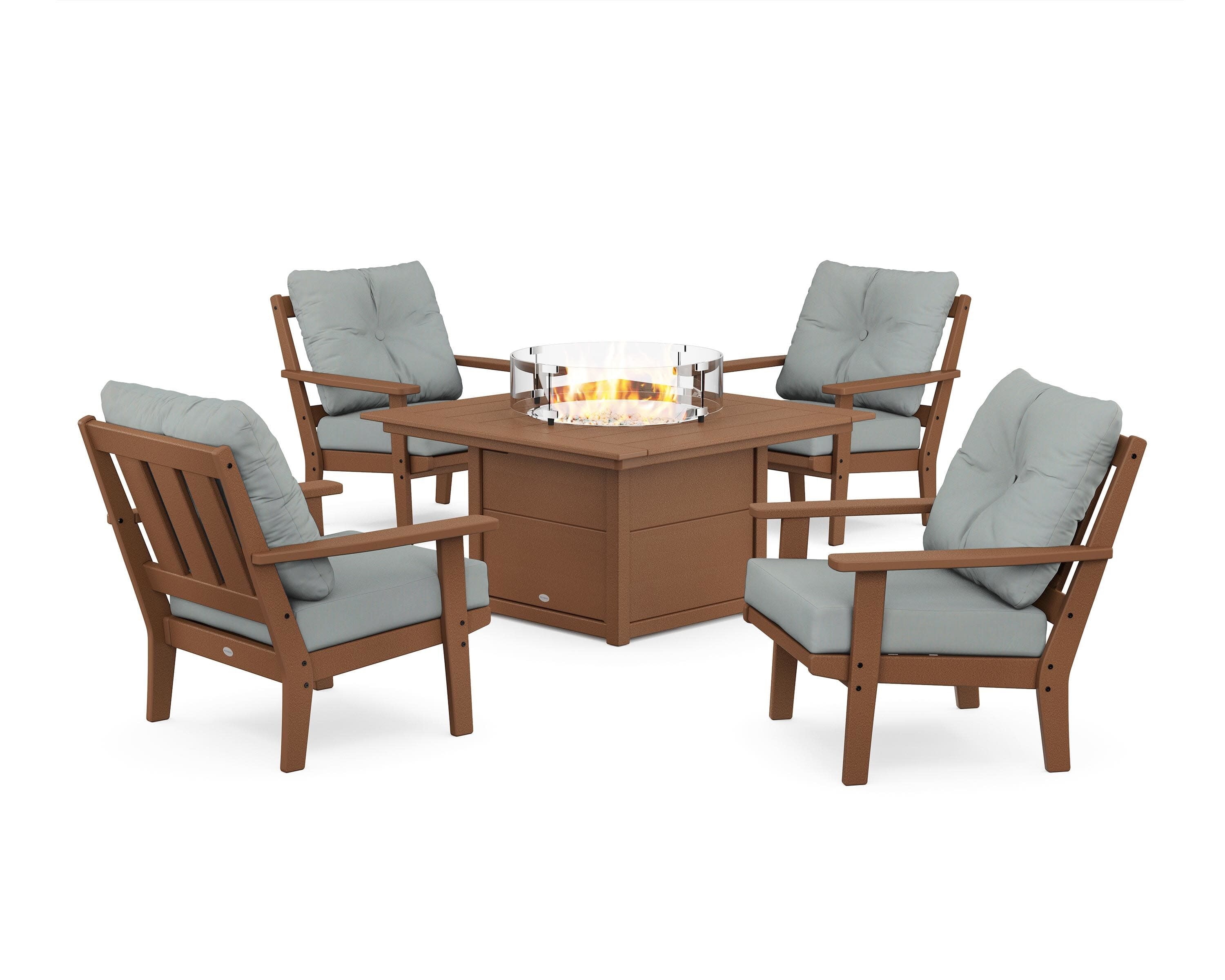 Oxford 5-Piece Deep Seating Set with Fire Pit Table in Teak / Spa