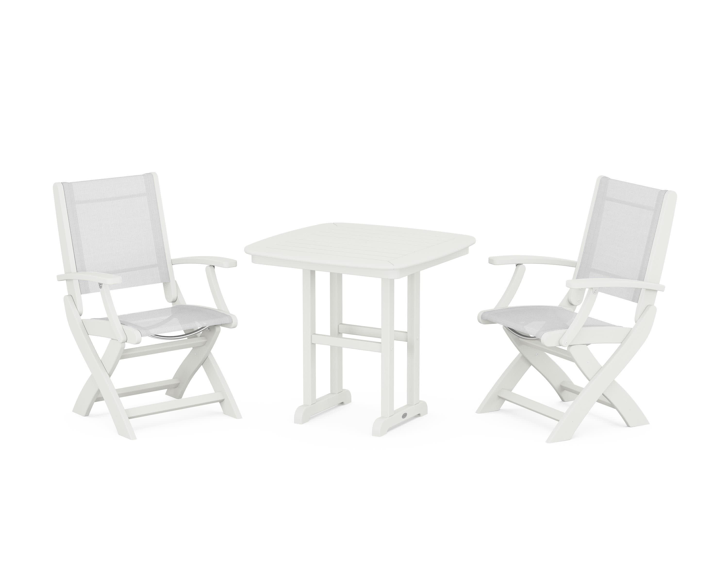 Coastal Folding Chair 3-Piece Dining Set in Vintage White / White Sling