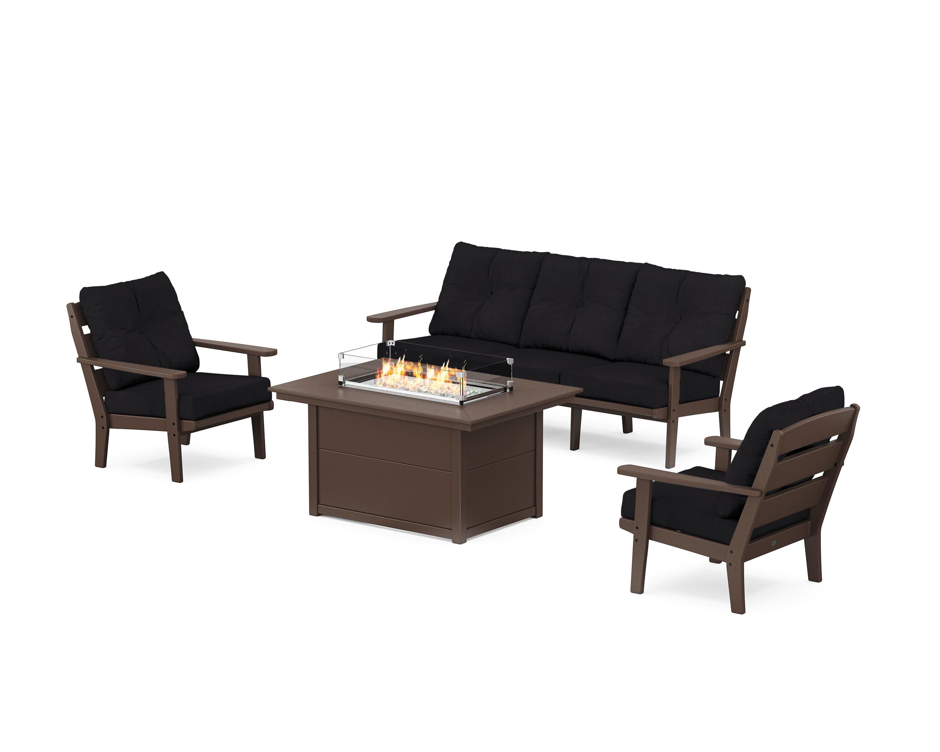 Lakeside Deep Seating Fire Pit Table Set in Mahogany / Midnight Linen