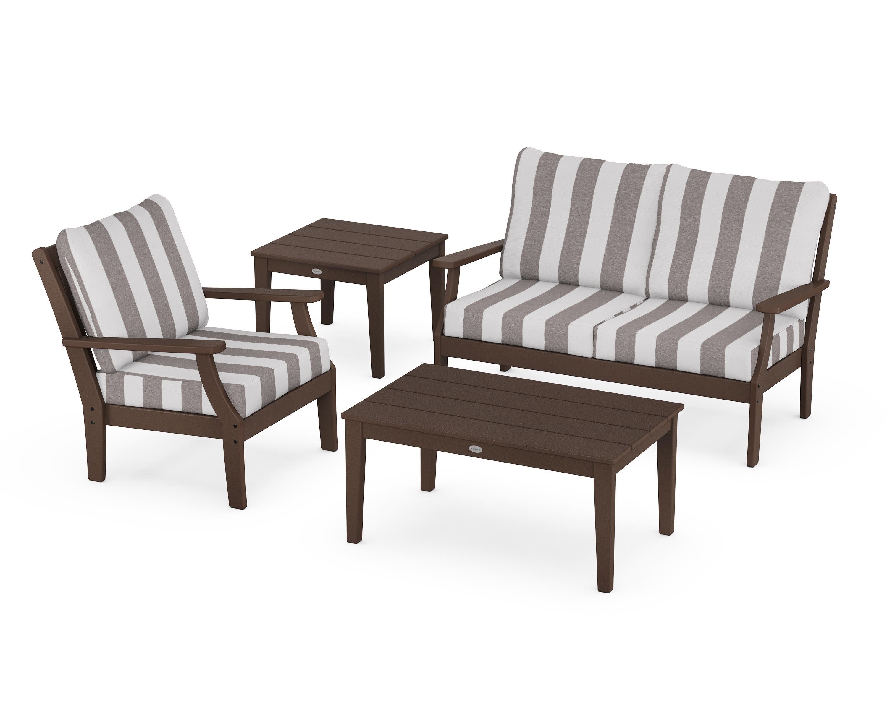Braxton 4-Piece Deep Seating Set in Mahogany / Cabana Stripe Grey Mist